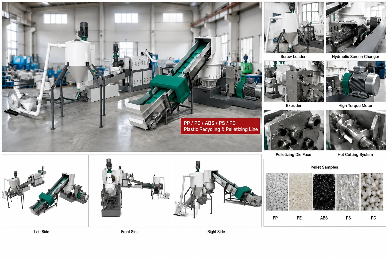 PP PE film compacting pelletizing line showing compactor, extruder, screw loader, hydraulic screen changer, and pellet samples