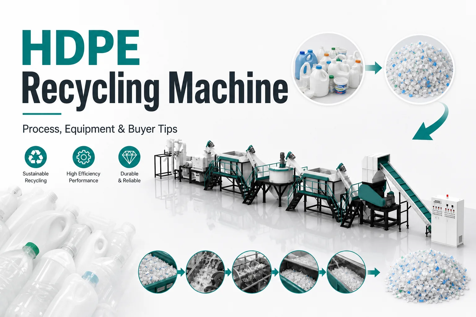 HDPE recycling machine blog cover showing bottle washing line process and clean flakes