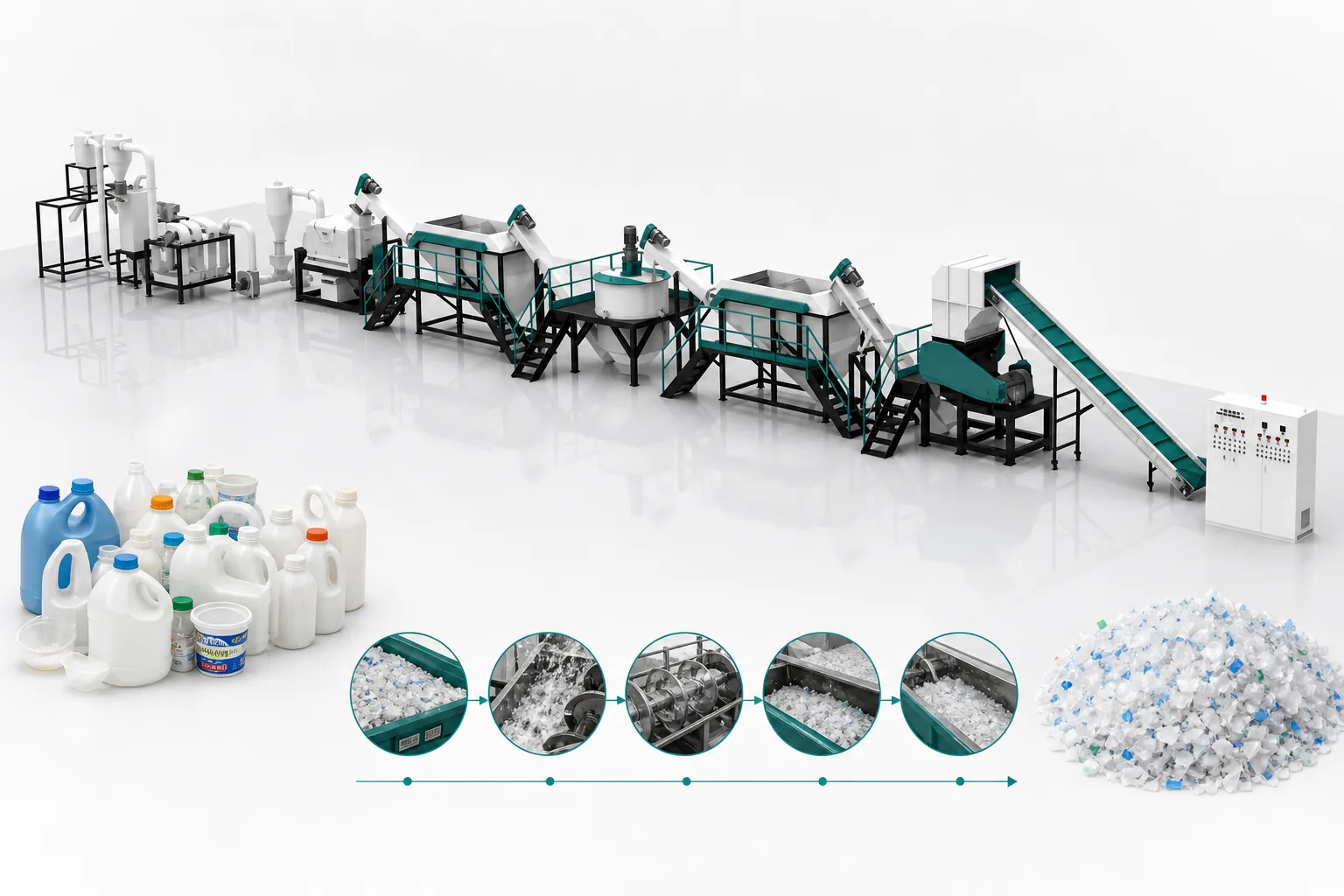 Complete HDPE recycling machine line for washing bottles and producing clean recycled flakes