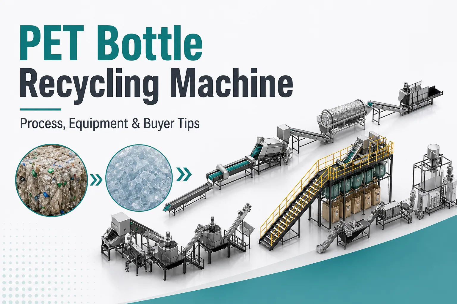 PET bottle recycling machine blog cover showing bottle bales washing line and clean flakes