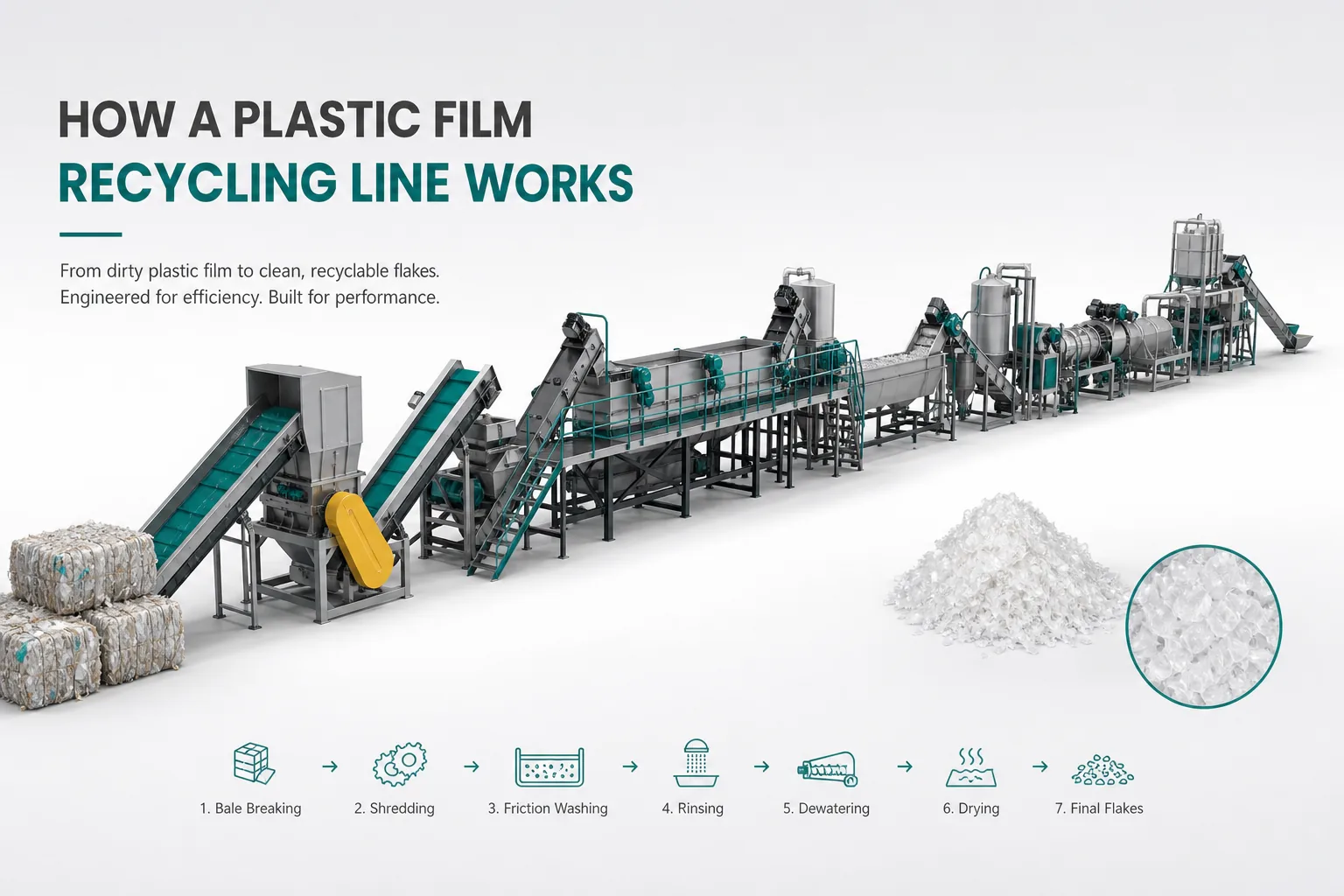 Plastic film recycling line converting dirty PP PE film bales into clean recycled flakes