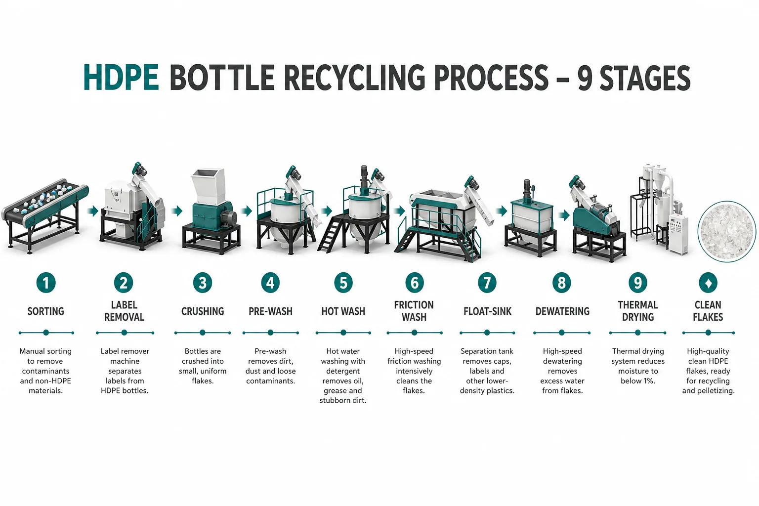 9-stage HDPE bottle recycling process from sorting to clean flakes