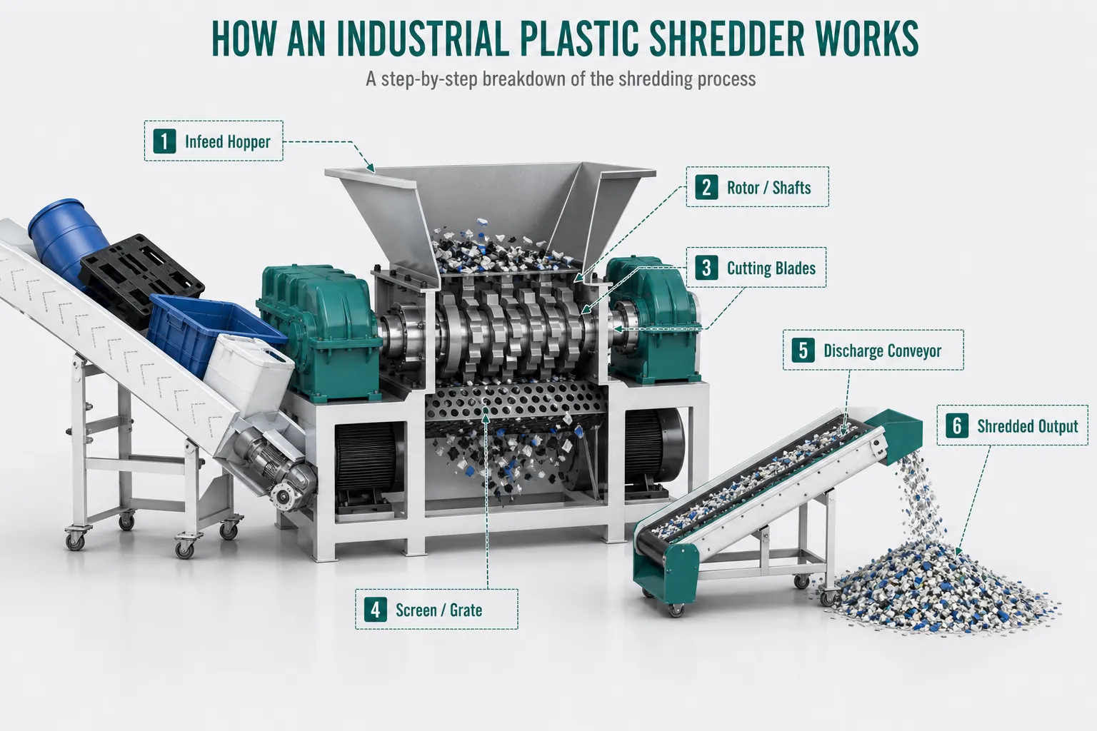 How an industrial plastic shredder works with hopper shafts blades screen and discharge conveyor