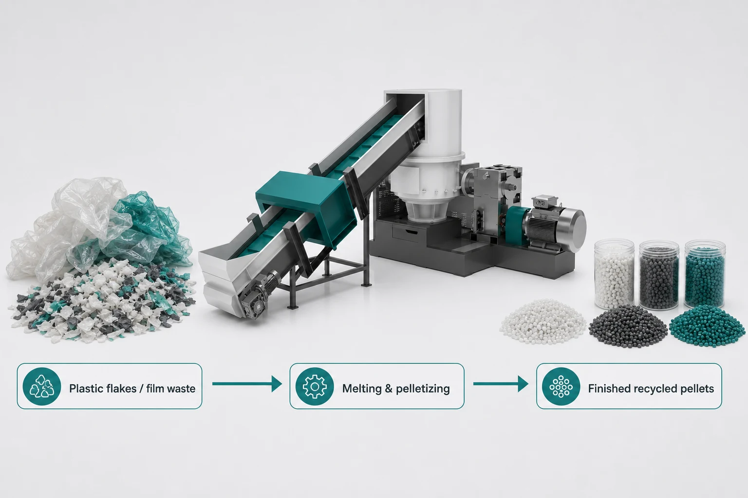 Plastic flakes and film waste converted into finished recycled plastic pellets