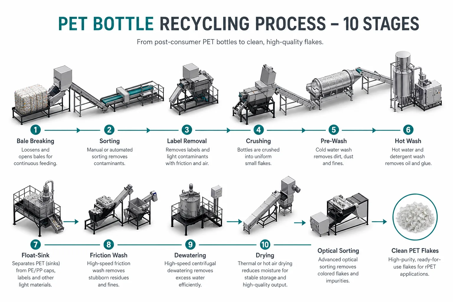 10-stage PET bottle recycling process from bale breaking to clean PET flakes