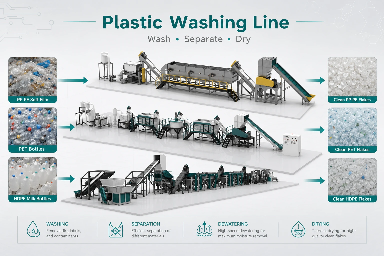 Plastic washing line producing clean flakes from PP PE film PET bottles and HDPE bottles