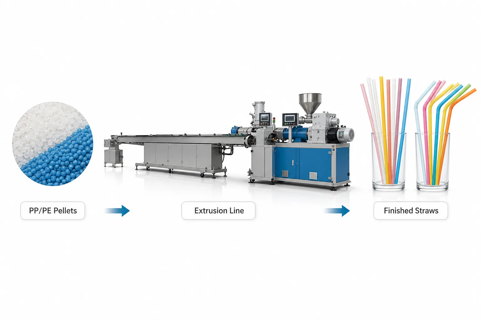 PP PE resin pellets converted into finished plastic drinking straws through an extrusion line
