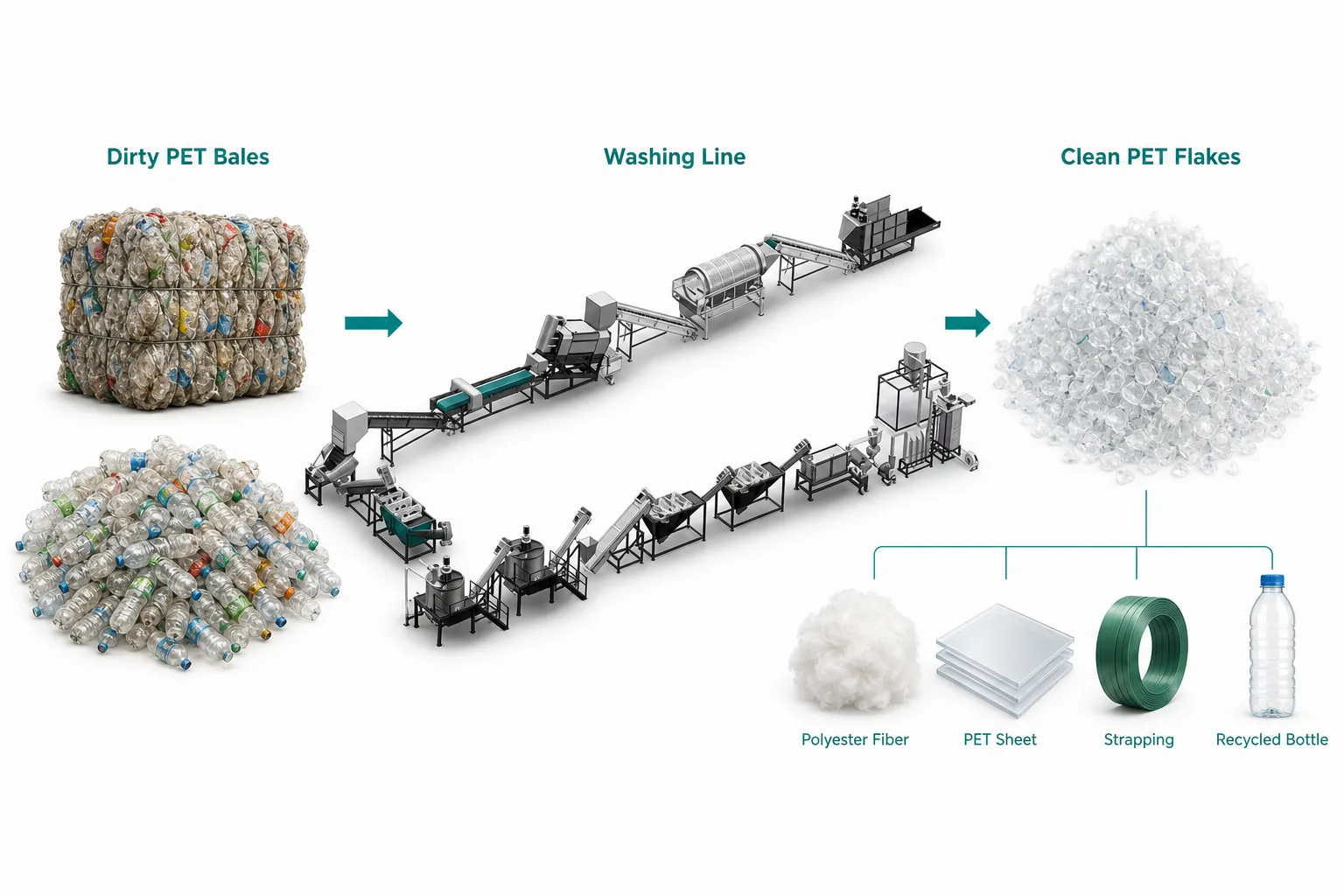 Dirty PET bottle bales converted into clean rPET flakes through a washing line