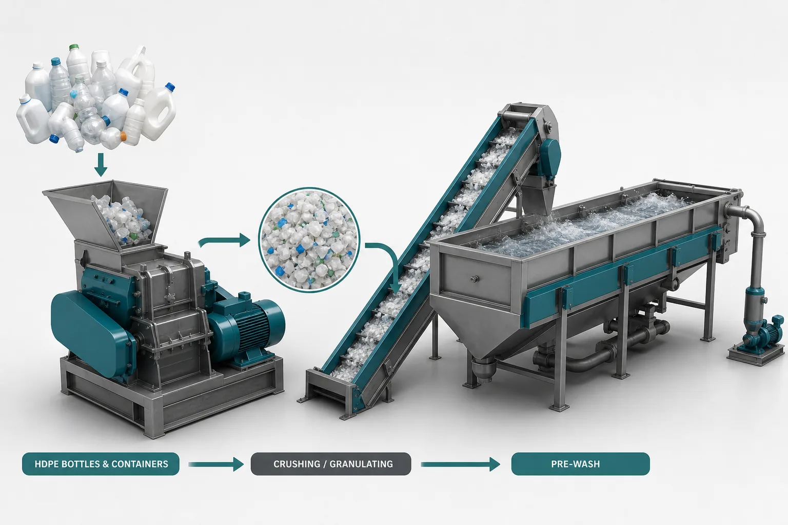 HDPE bottles and containers entering a crusher before pre-washing