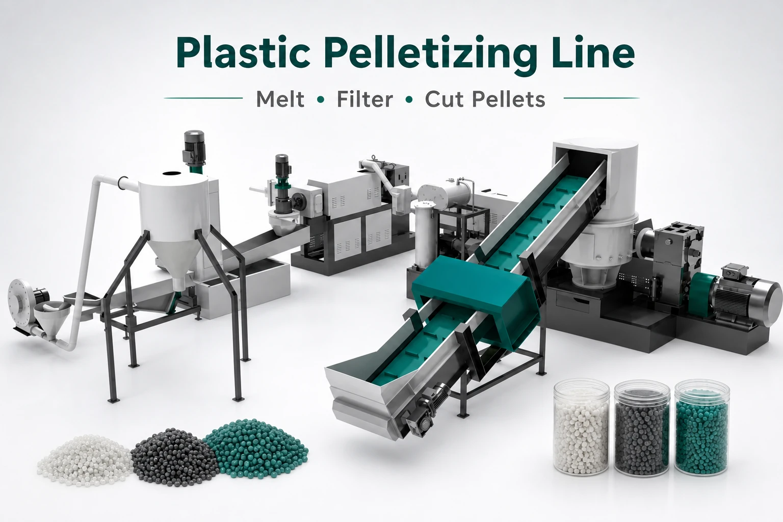 Plastic pelletizing line converting clean flakes into recycled plastic pellets