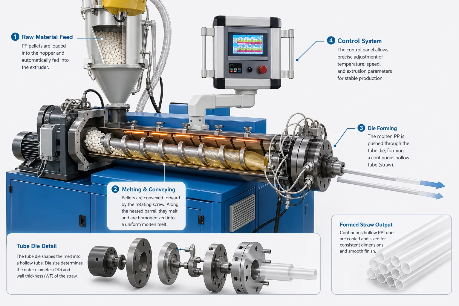 Plastic straw extrusion and die forming process with screw barrel and tube die