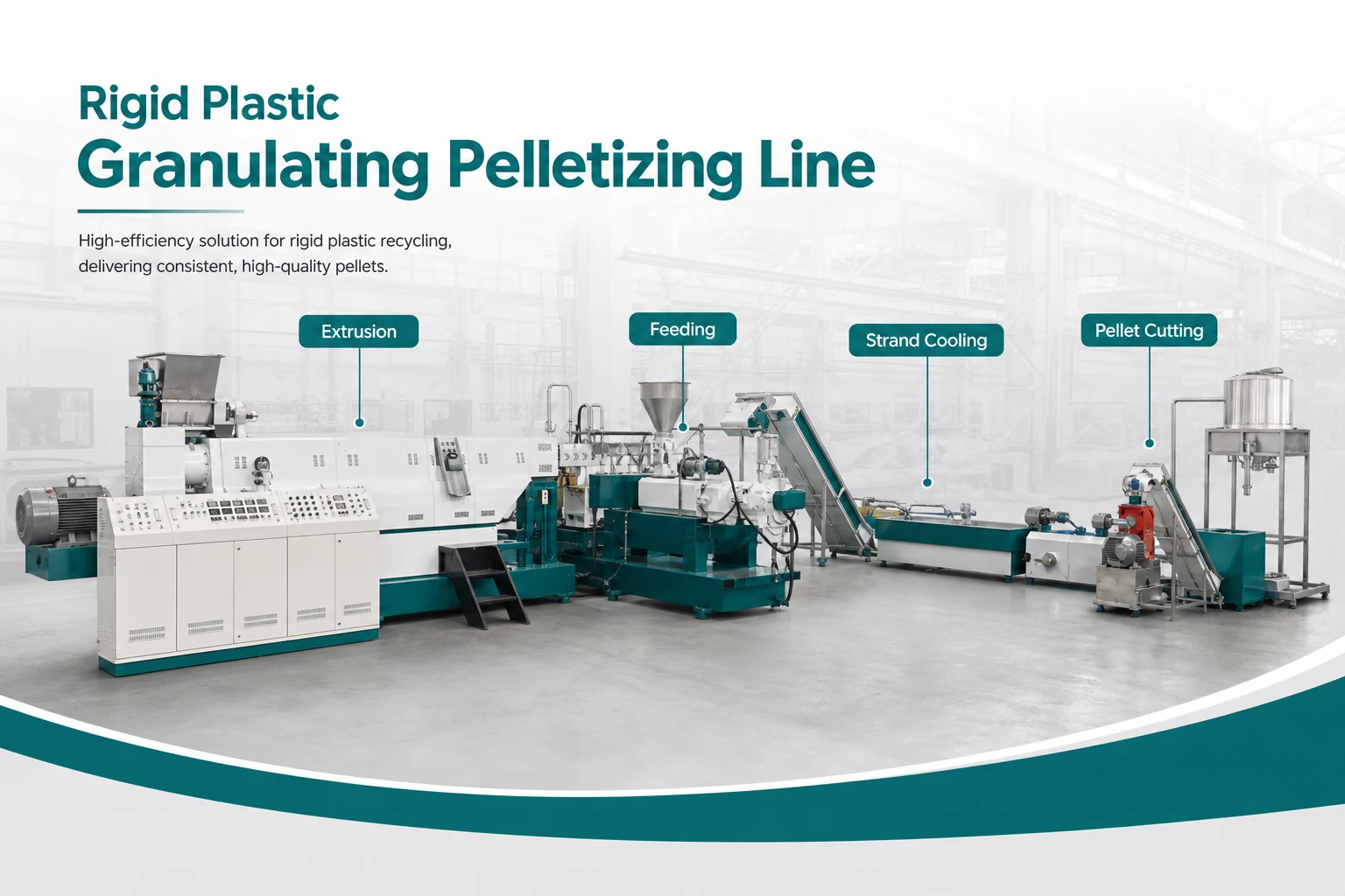 Rigid plastic granulating pelletizing line for washed plastic flakes
