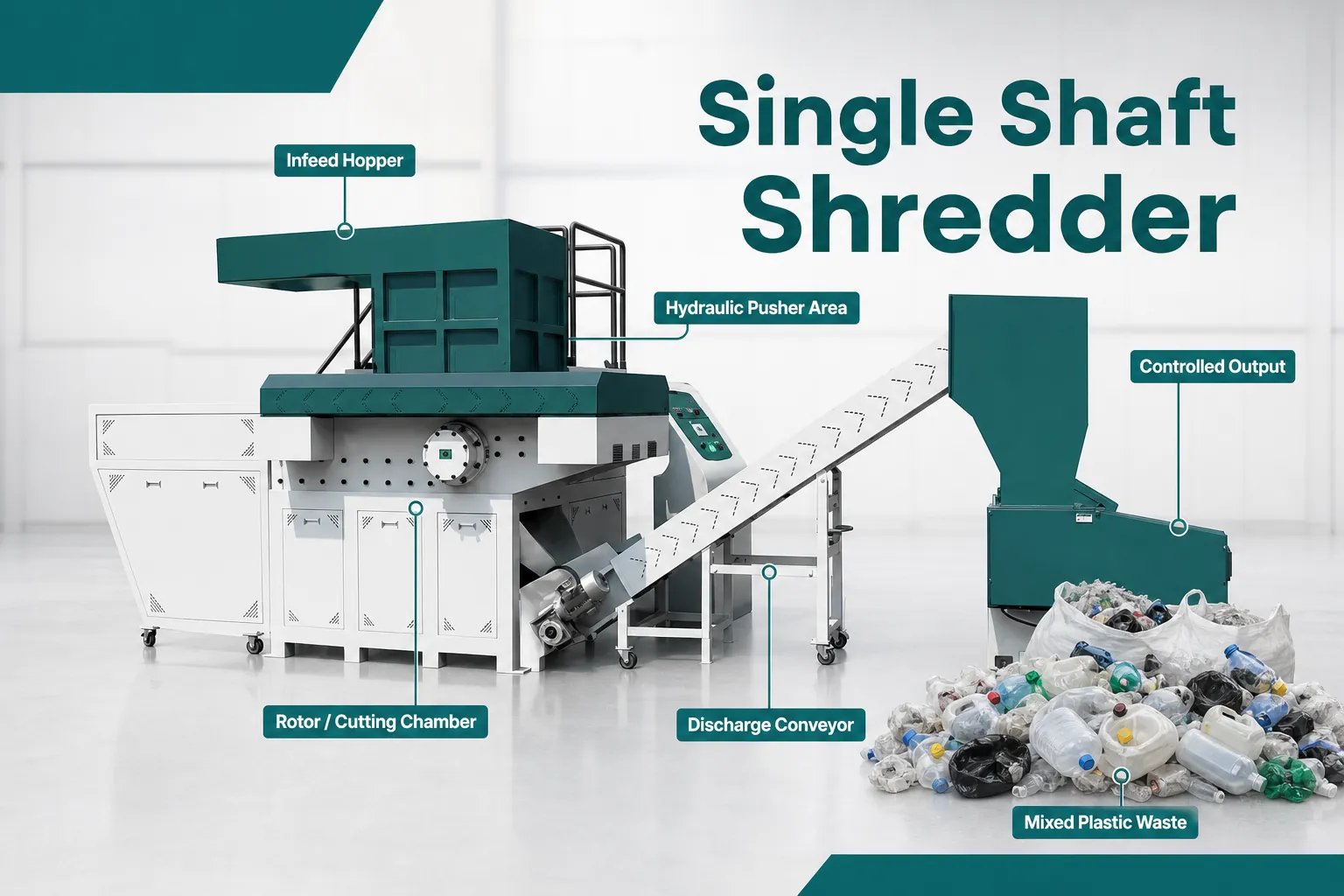Single shaft shredder for mixed plastic waste and controlled output