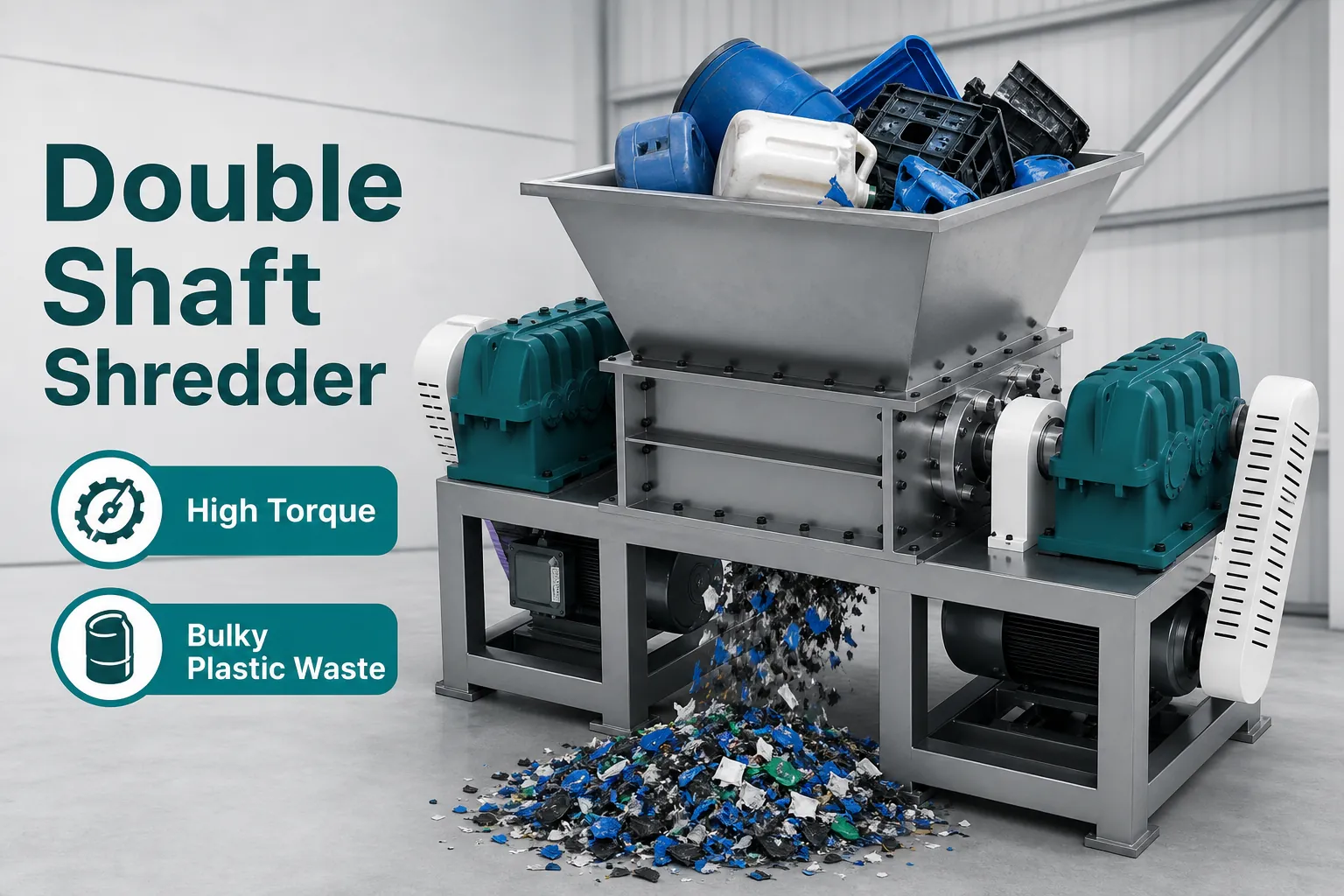 Double shaft shredder for bulky plastic waste and high torque size reduction