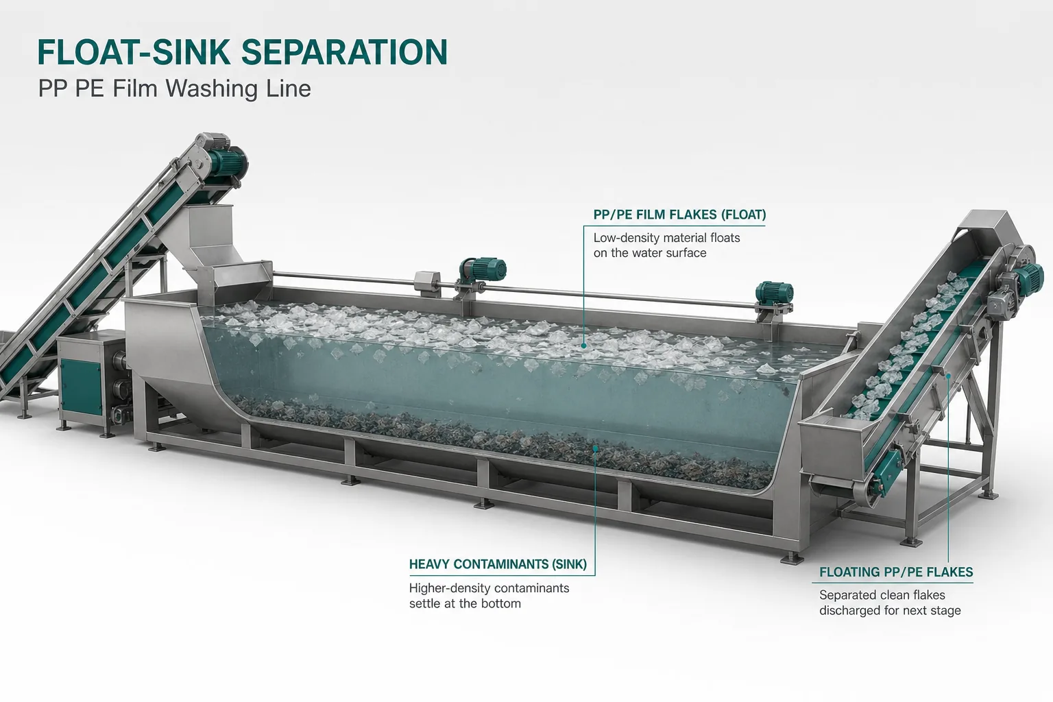 Float-sink tank for PP PE film washing separates floating film flakes from heavy contaminants
