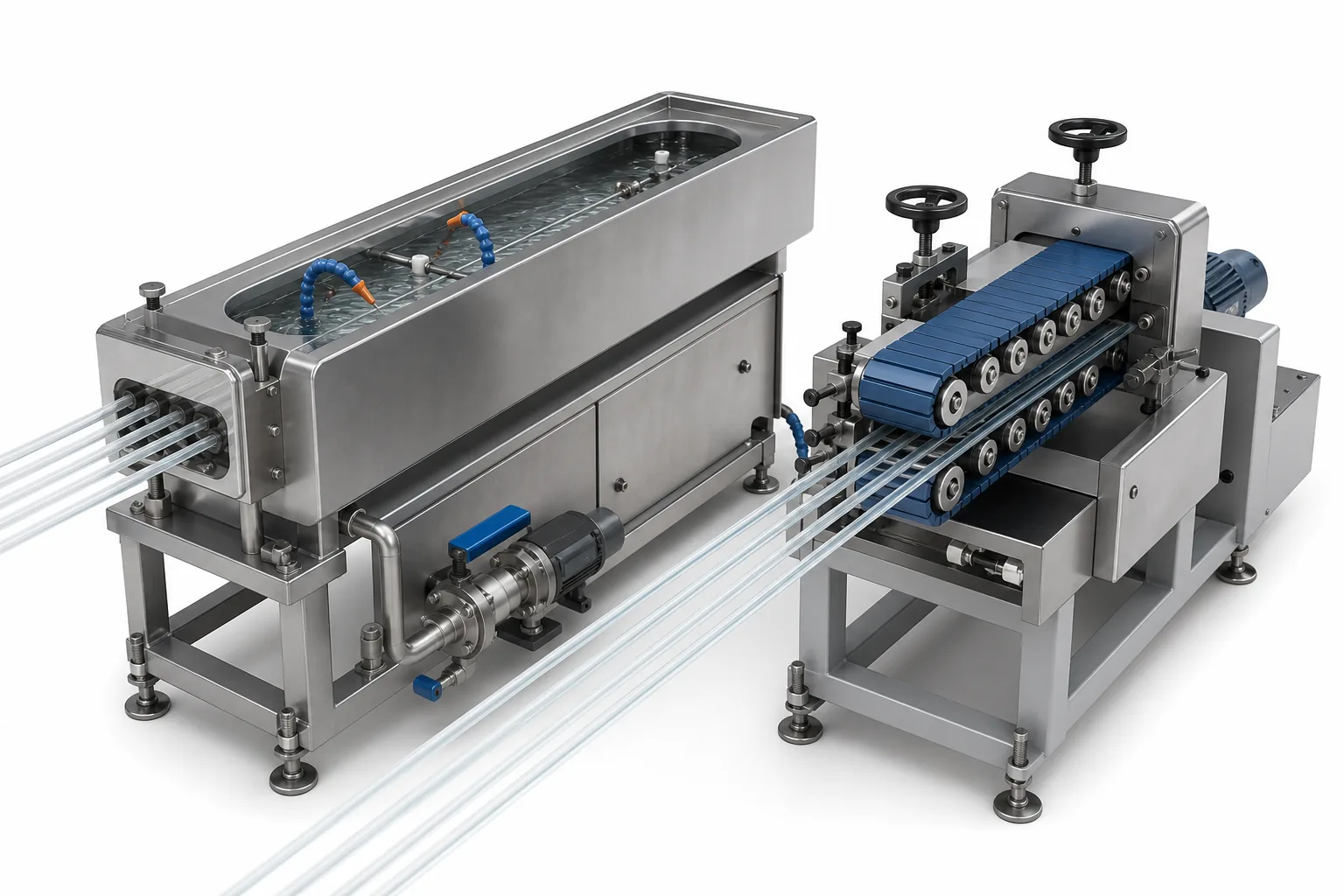 Vacuum calibration cooling channel and haul-off unit for drinking straw extrusion line
