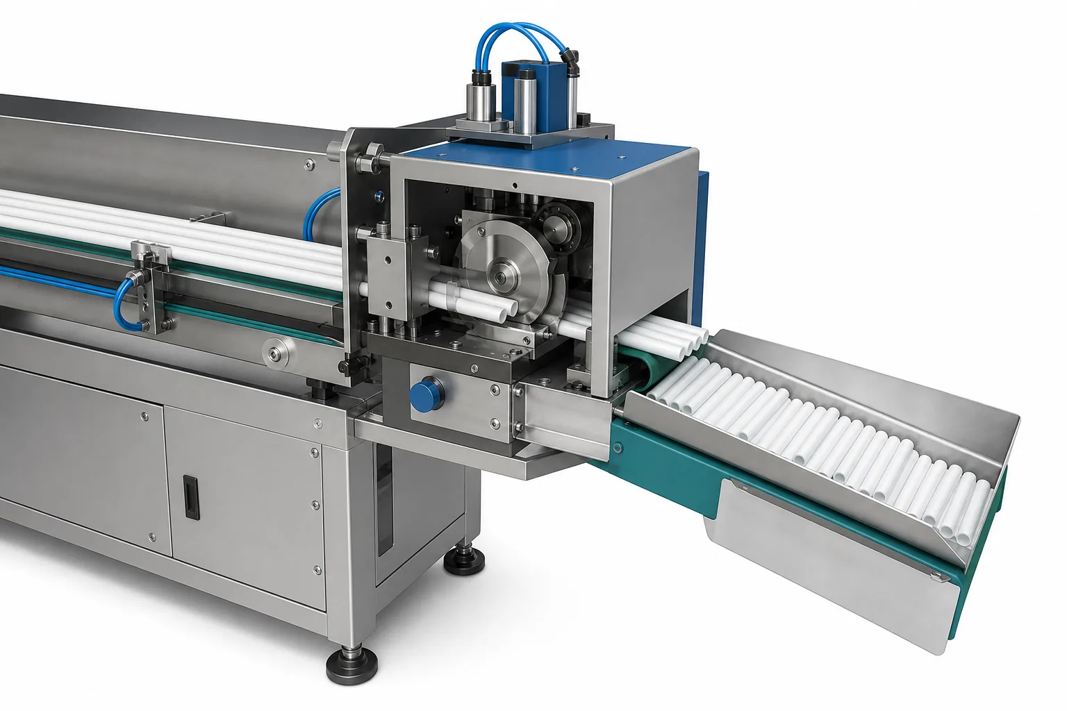 Automatic cutting system for drinking straw making machine producing uniform straw lengths
