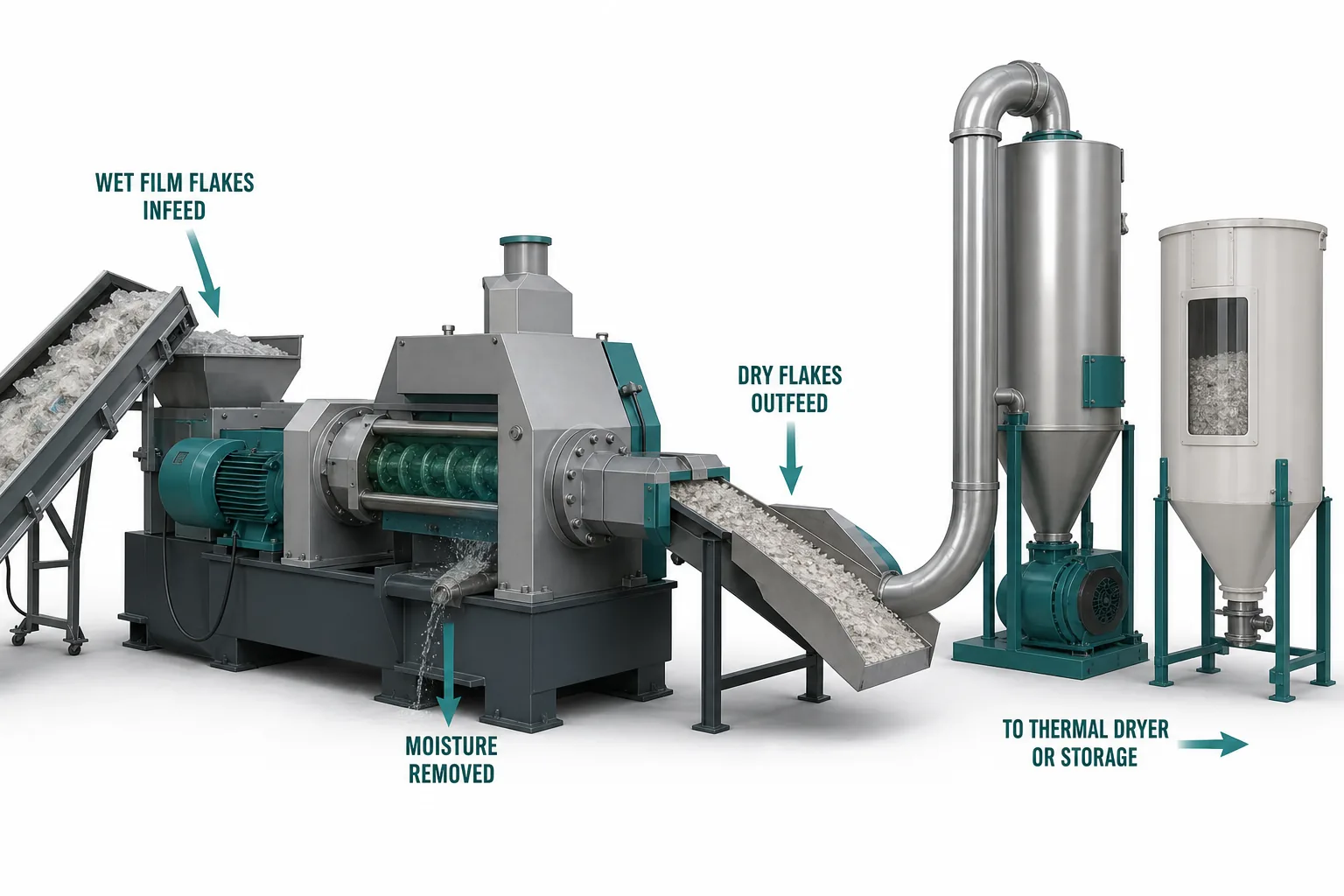 Film squeezer and thermal drying system removing moisture from washed plastic film flakes