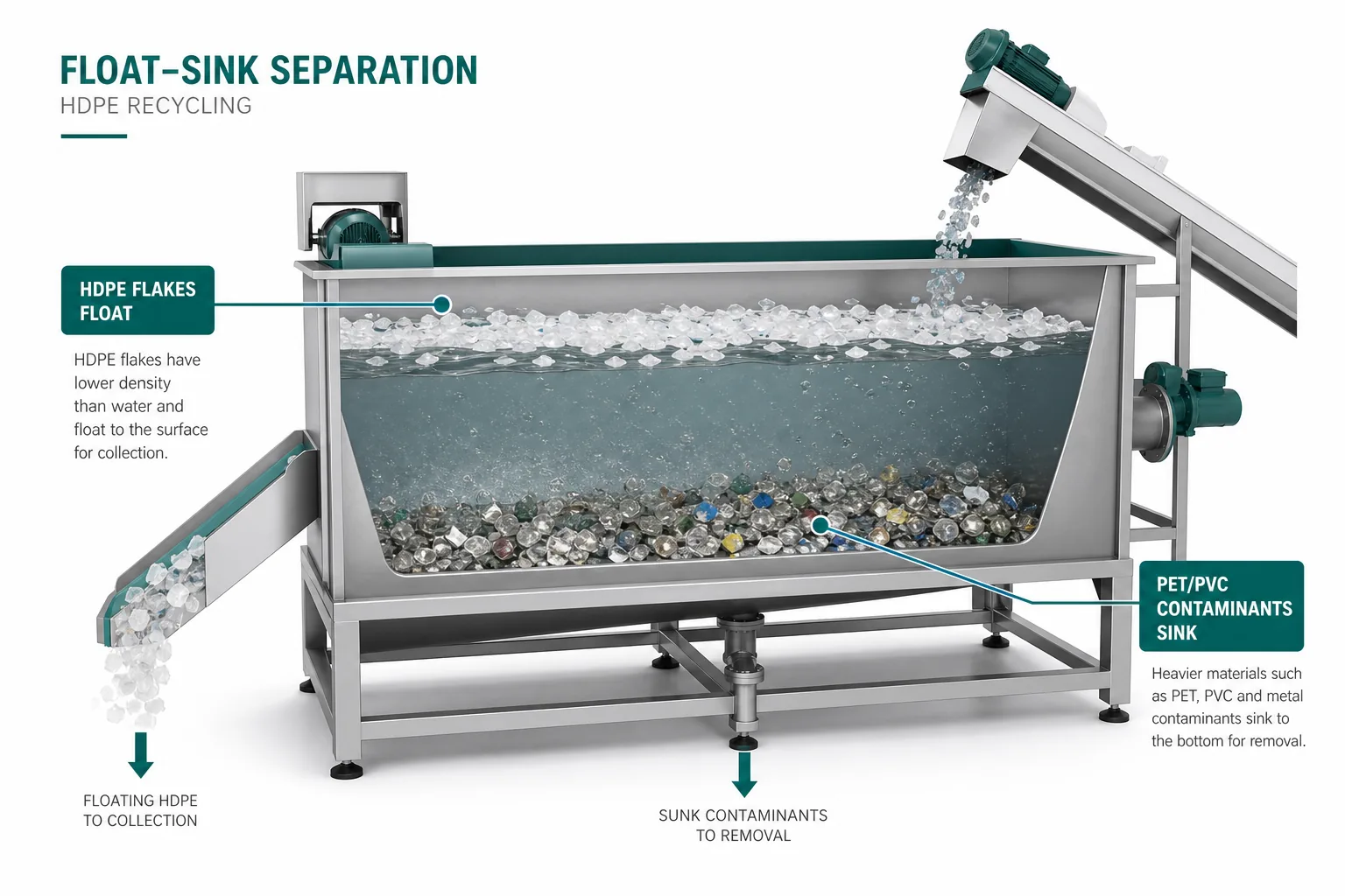 Float-sink separation tank showing HDPE flakes floating and PET PVC contaminants sinking