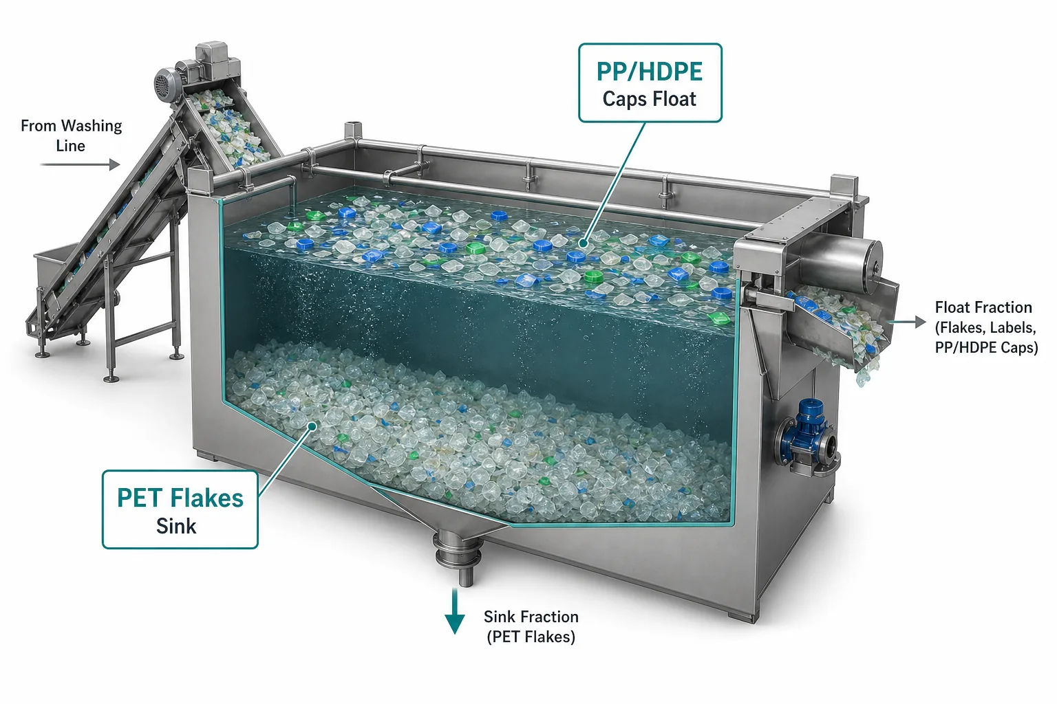 PET float-sink separation tank showing PET flakes sinking and PP HDPE caps floating