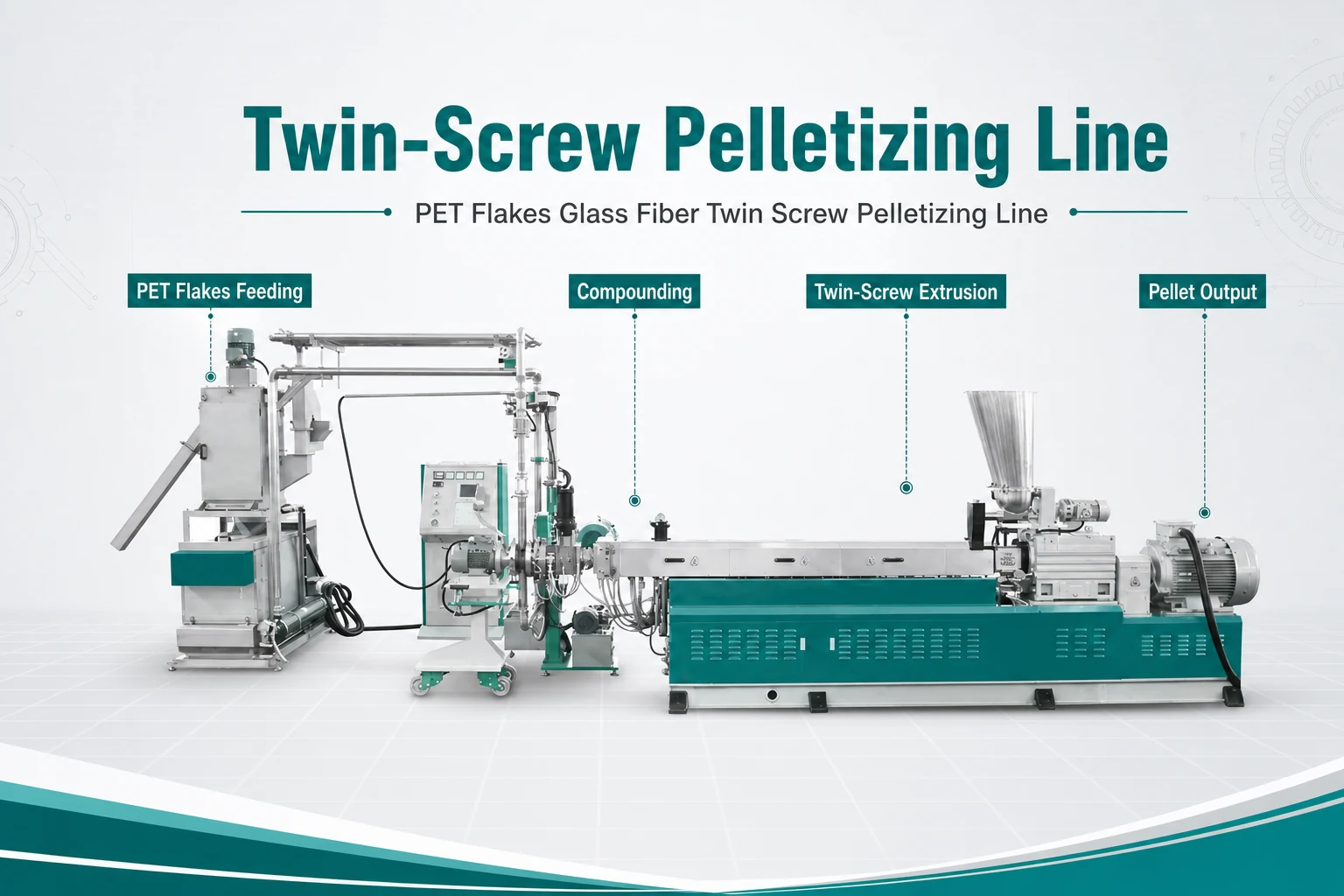 Twin screw pelletizing line for PET flakes and glass fiber compounding
