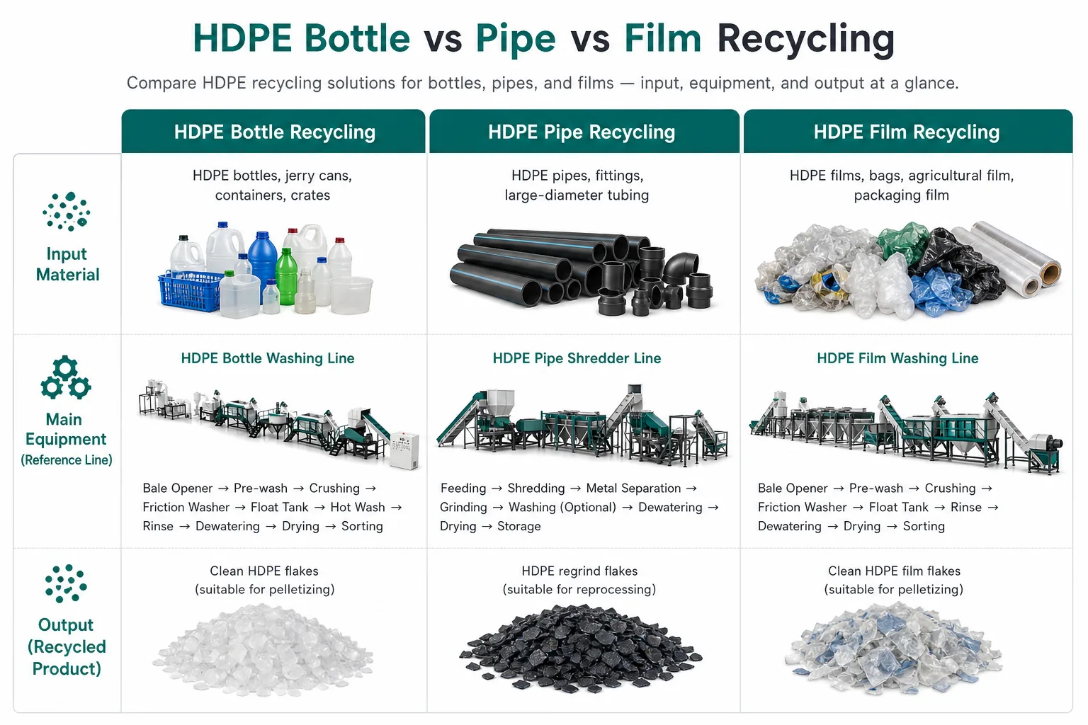 Comparison of HDPE bottle pipe and film recycling machine configurations