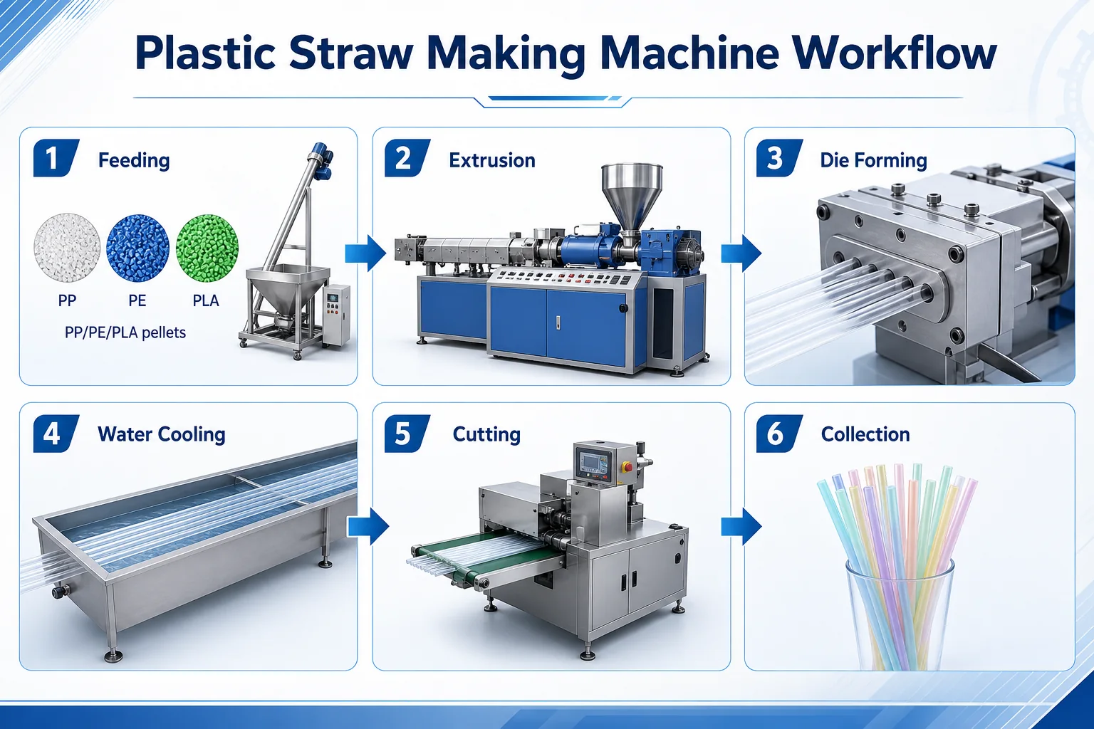 Plastic Straw Making Machine Workflow Diagram plastic straw making machine workflow from resin feeding extrusion die forming cooling cutting to finished straws