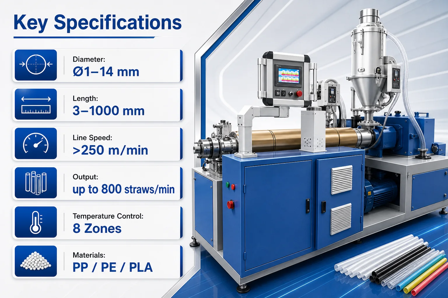 Plastic Straw Machine Capacity and Specification Visual plastic straw machine capacity and specification visual with extrusion line control panel and straw diameter samples