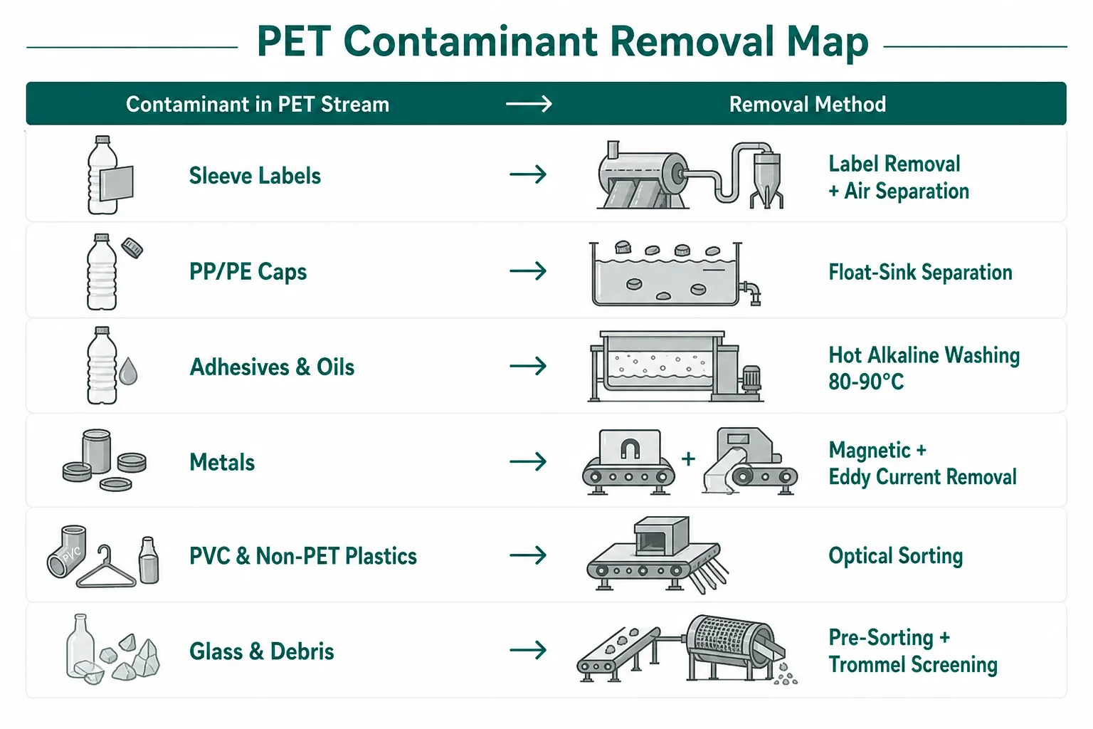 PET bottle washing line contaminant removal map for labels caps adhesives metals PVC glass and debris