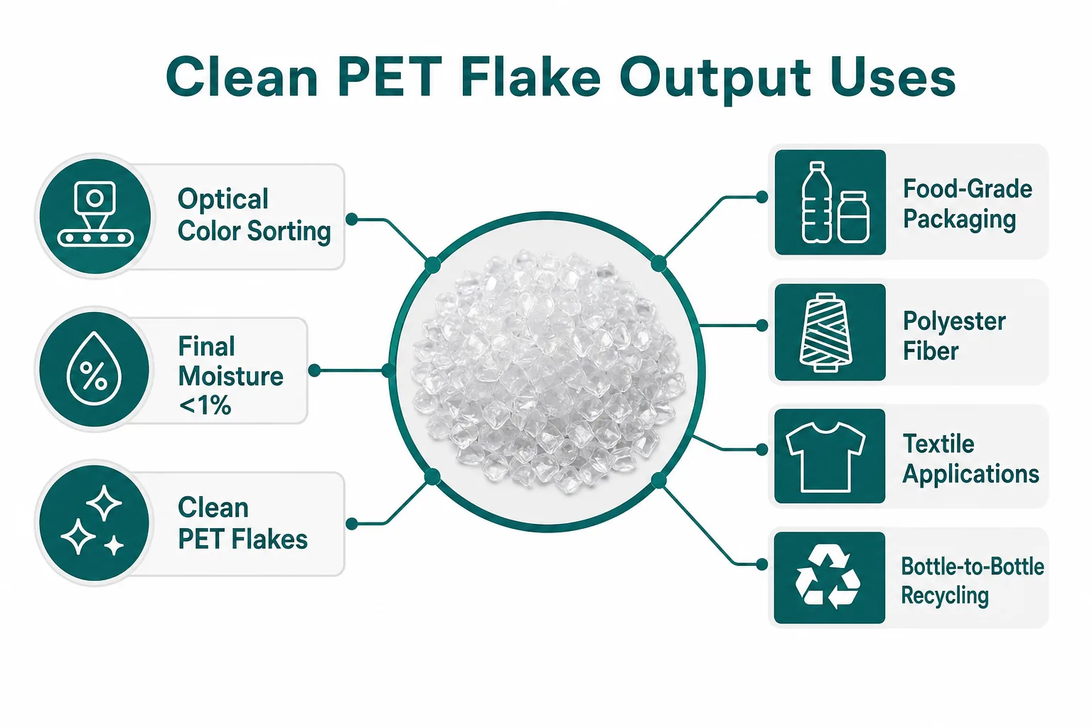 Clean PET flake output uses for food-grade packaging polyester fiber textile applications and bottle-to-bottle recycling