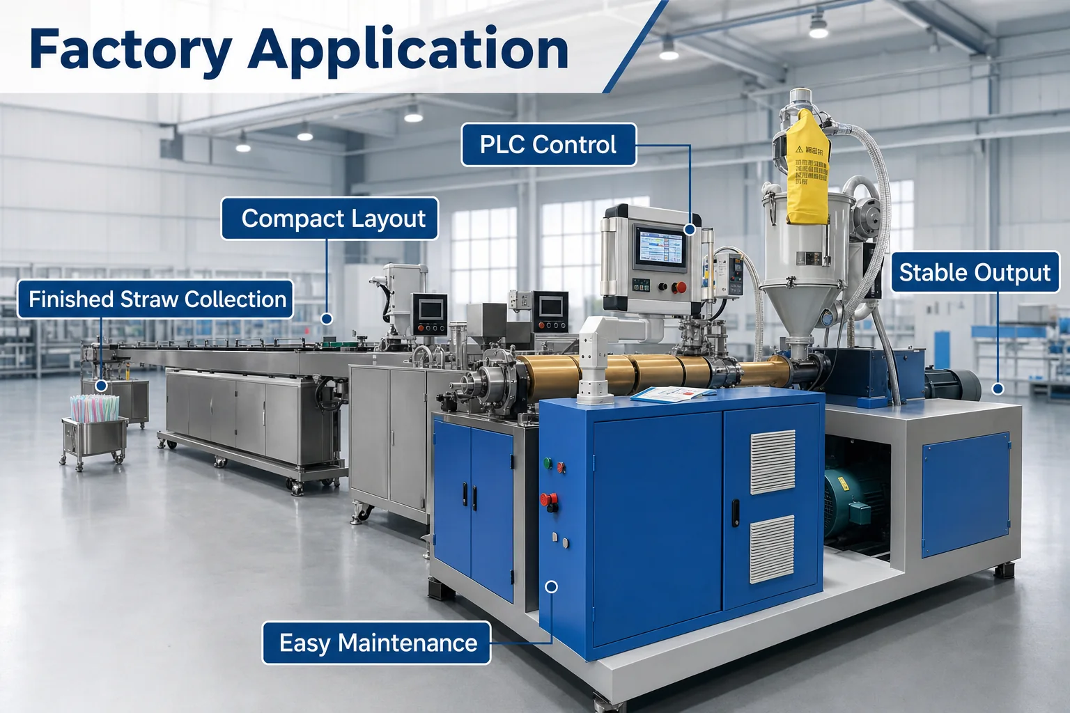 Plastic Straw Machine Factory Application plastic straw making machine installed in a clean factory with finished straw output bins