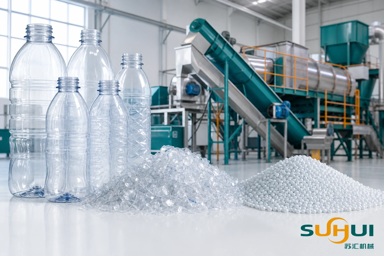 PET plastic bottles and recycling process overview for polyethylene terephthalate and rPET production