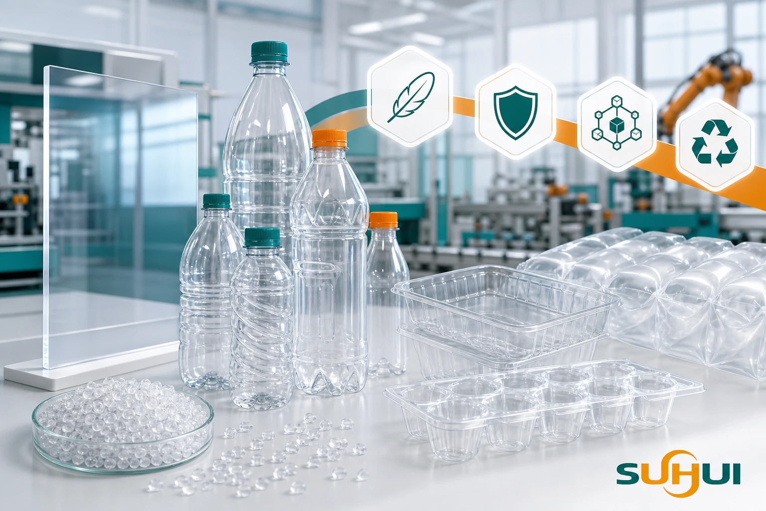 Polyethylene terephthalate PET plastic material properties including clarity strength lightweight and recyclability