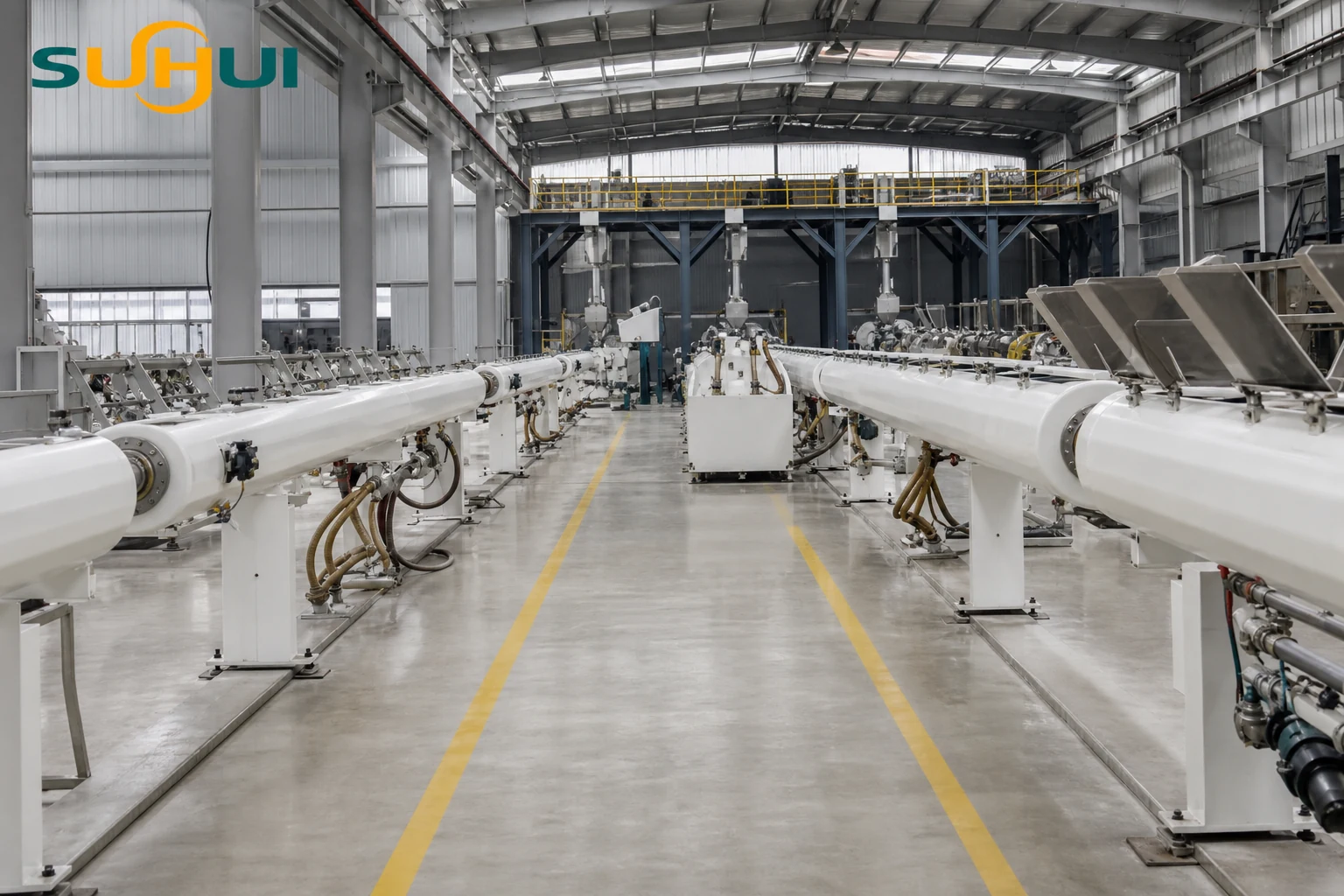 PVCO pipe factory production scene with plastic pressure pipe extrusion equipment