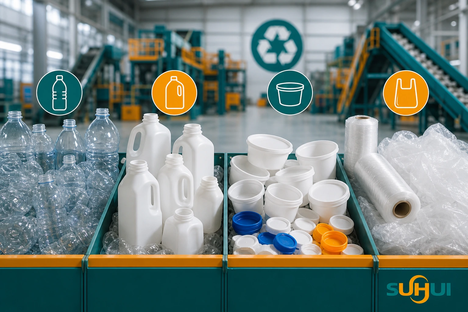 Recyclable plastics including PET HDPE PP and LDPE with common bottles containers and films