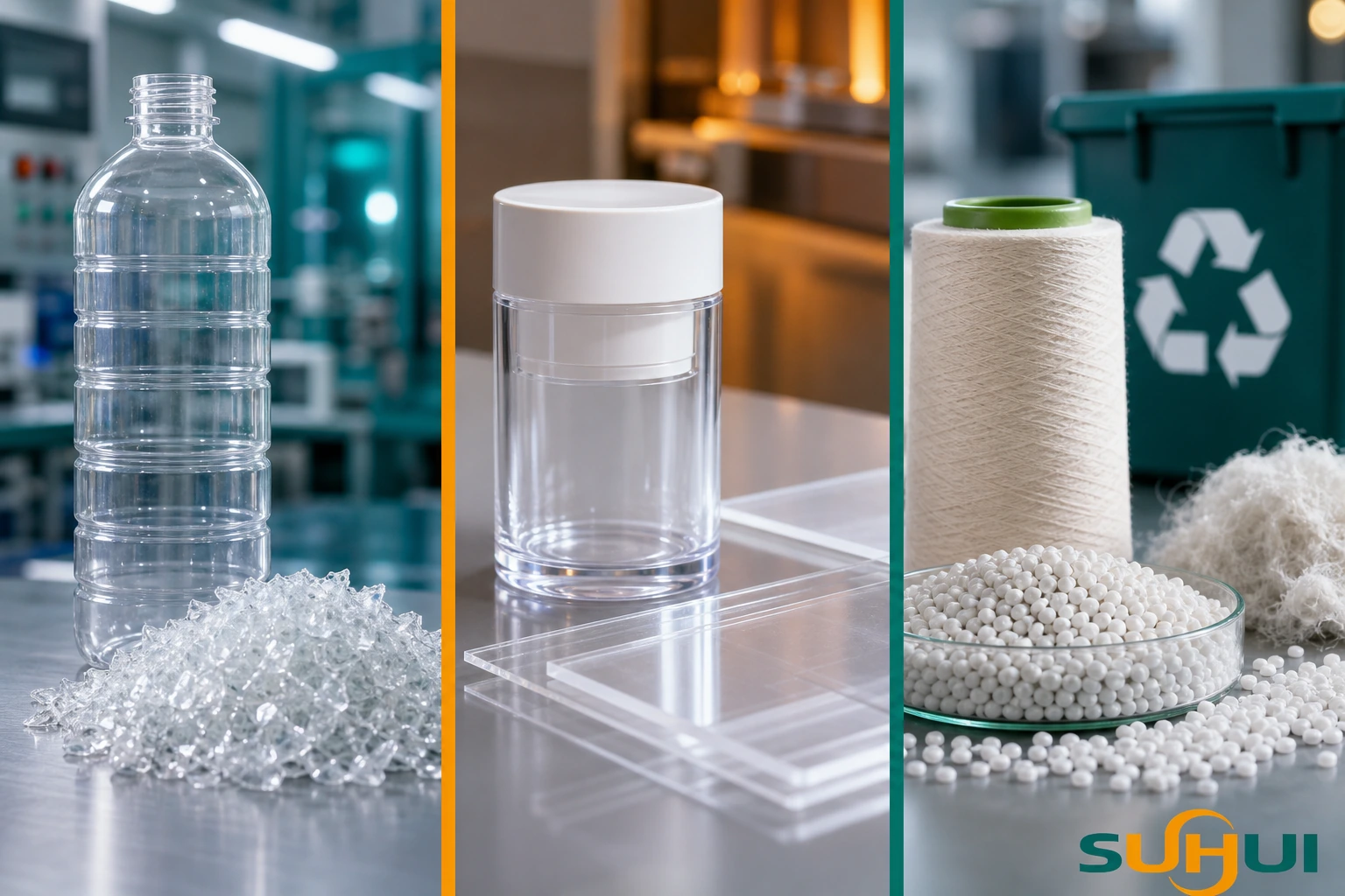 PET vs PETG vs rPET comparison for plastic material recycling and processing