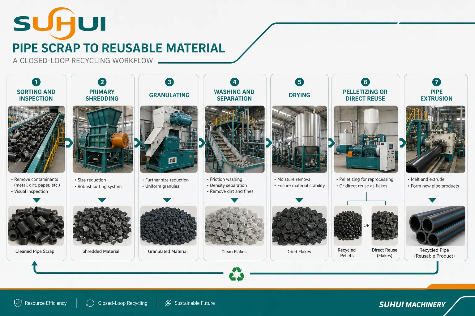 Pipe scrap to reusable material workflow from sorting shredding granulating washing drying pelletizing and pipe extrusion