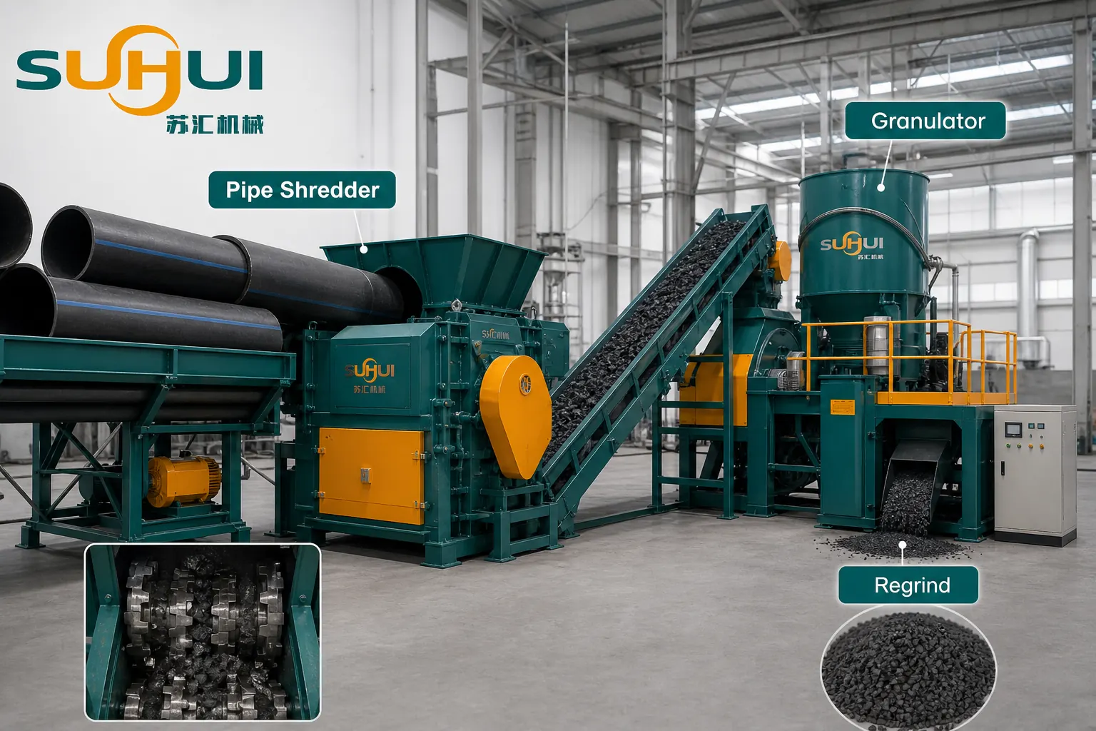 Large pipe shredder before granulator for HDPE pipe recycling and downstream pelletizing