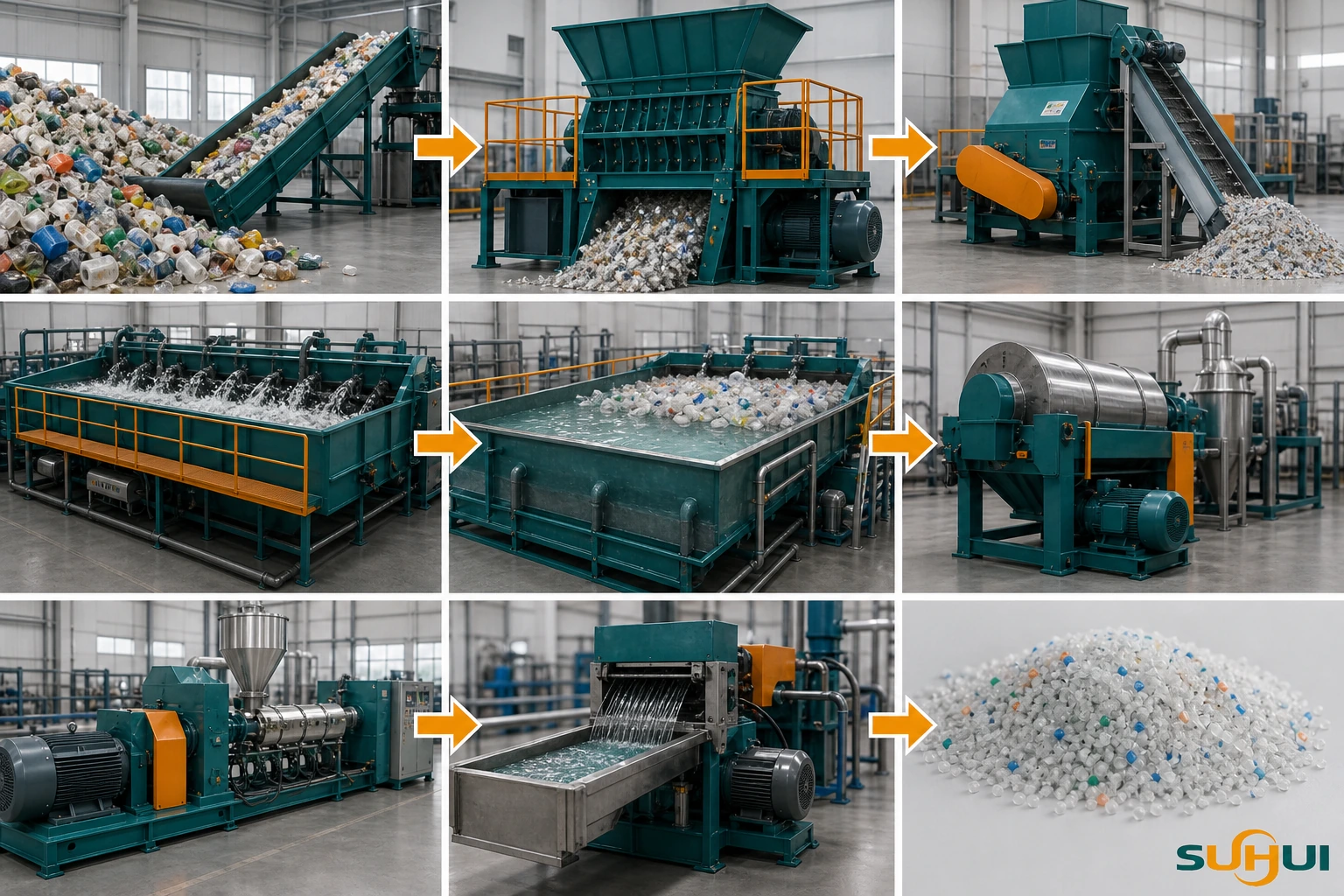 Industrial plastic recycling process from sorting shredding crushing washing drying to pelletizing