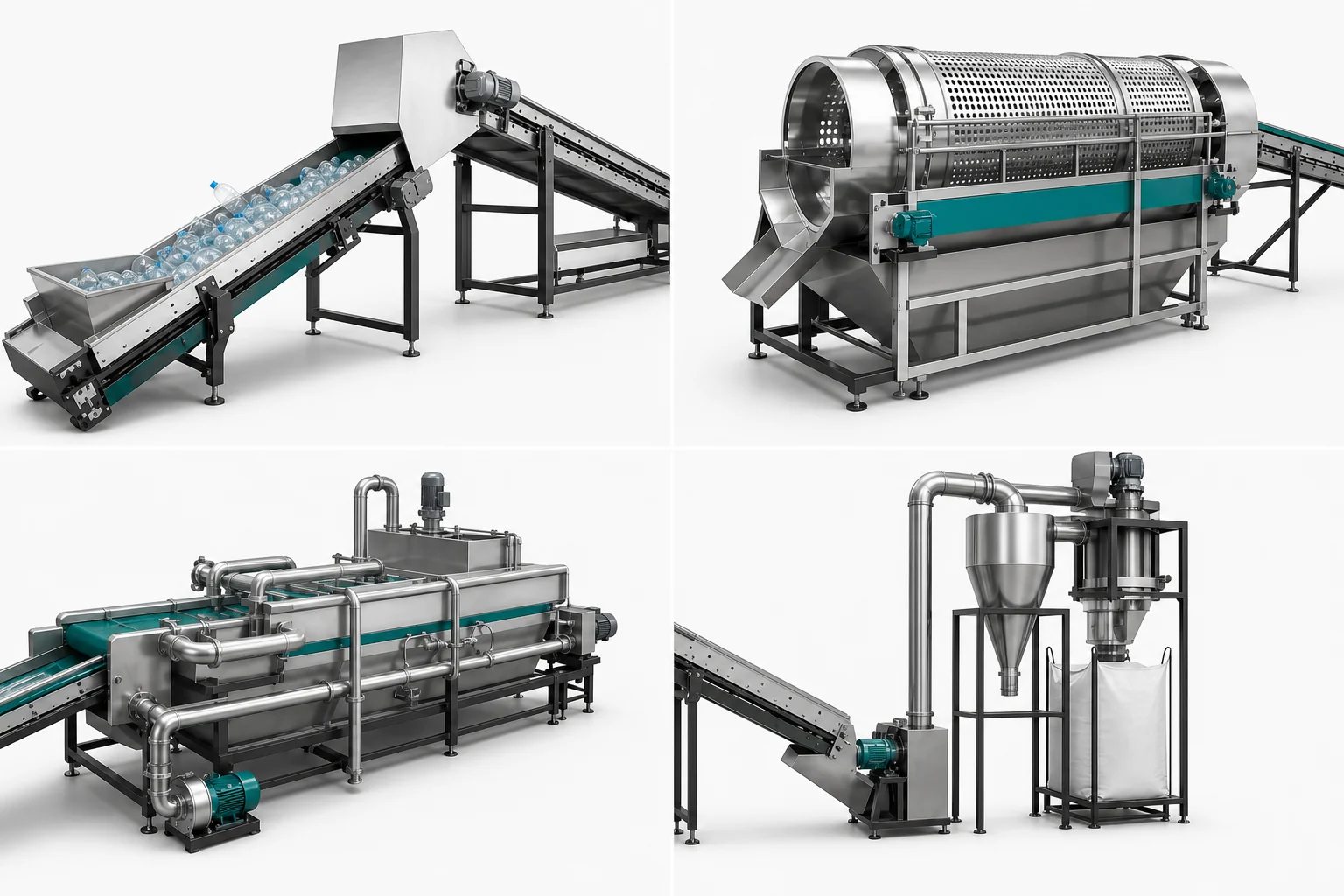 PET bottle washing line process modules including conveyor trommel hot washing and drying system