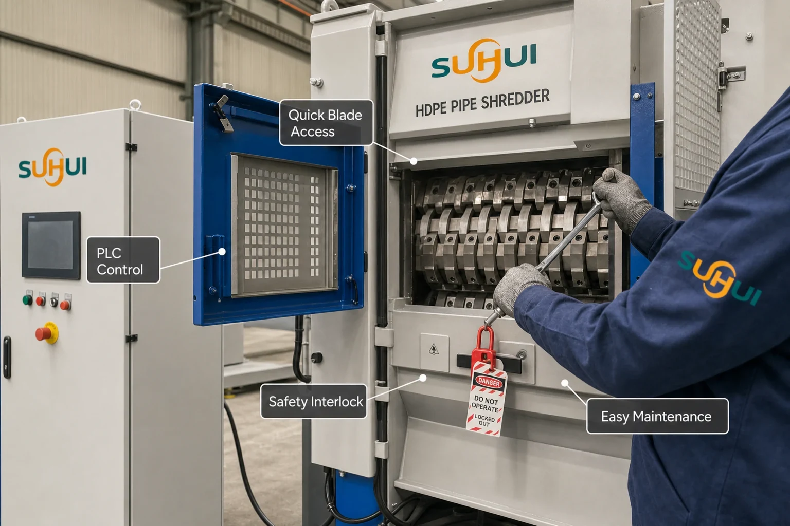 HDPE pipe shredder maintenance access with quick blade access PLC control safety interlock and service panel