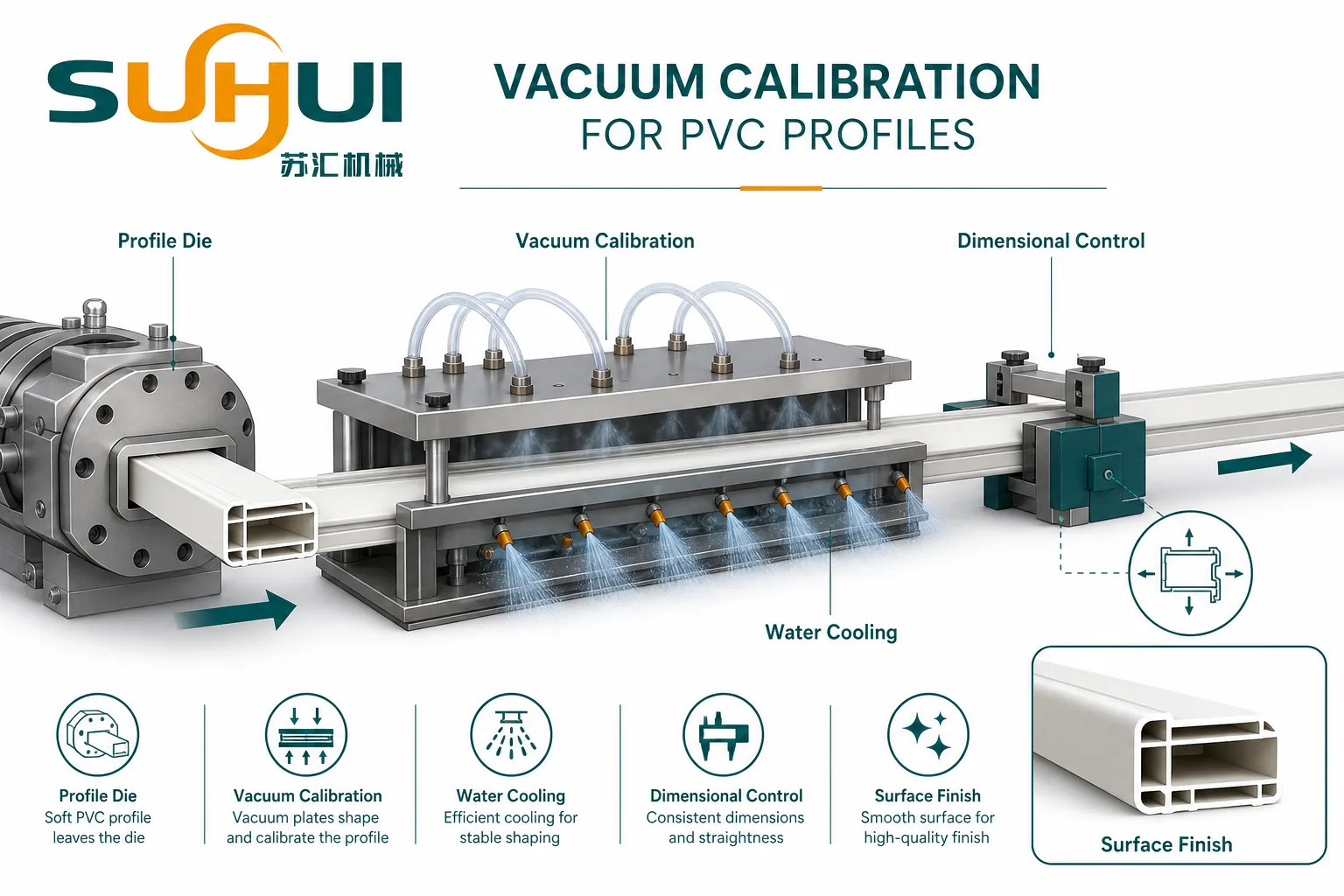 Vacuum calibration for PVC profiles with profile die calibration plates water cooling dimensional control and finished profile cross section