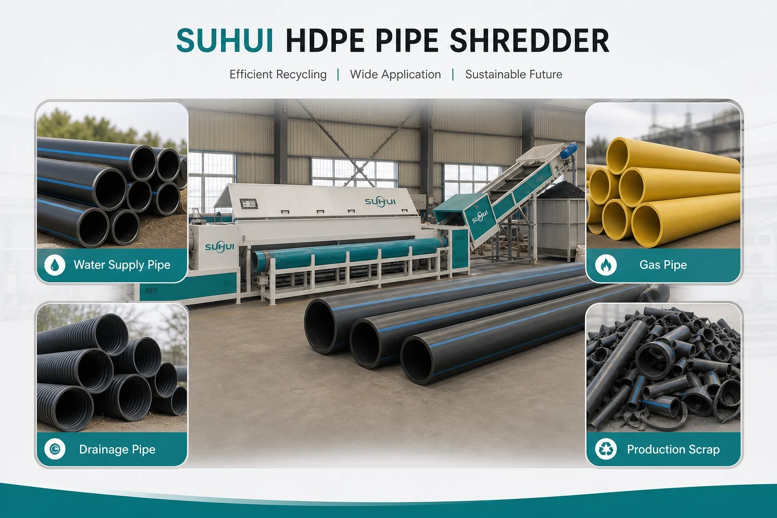 HDPE pipe shredder applications for water supply pipe gas pipe drainage pipe and production scrap recycling