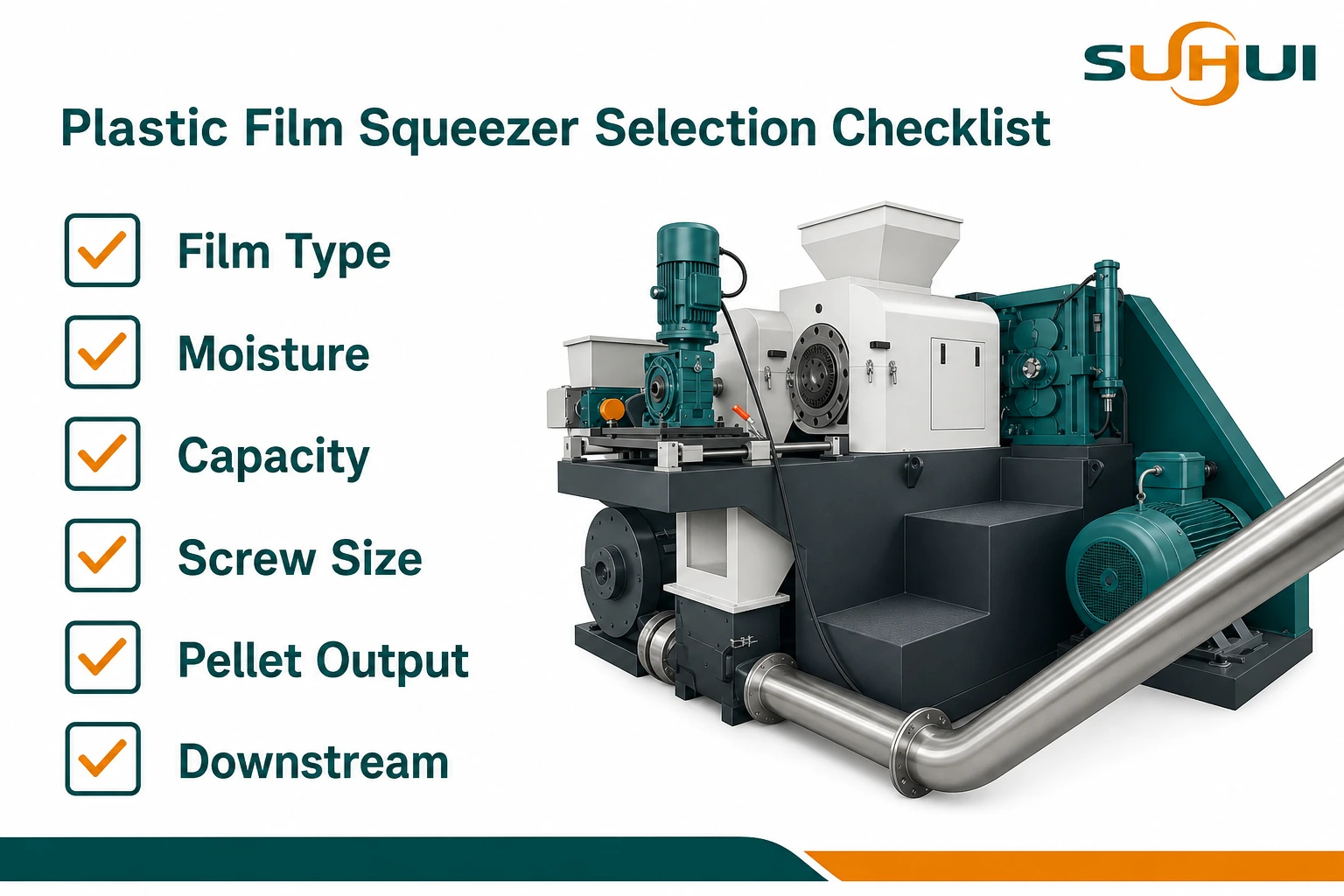 Plastic film squeezer selection checklist for film type moisture capacity screw size pellet output and downstream process