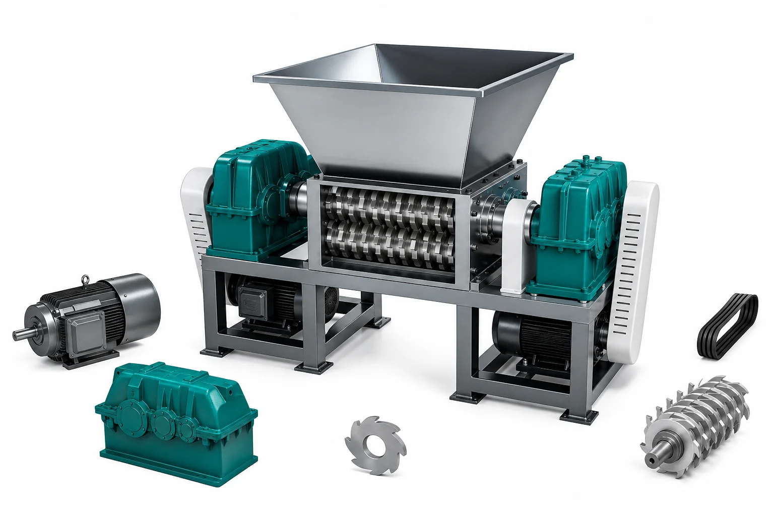 Double shaft shredder machine components for plastic recycling size reduction