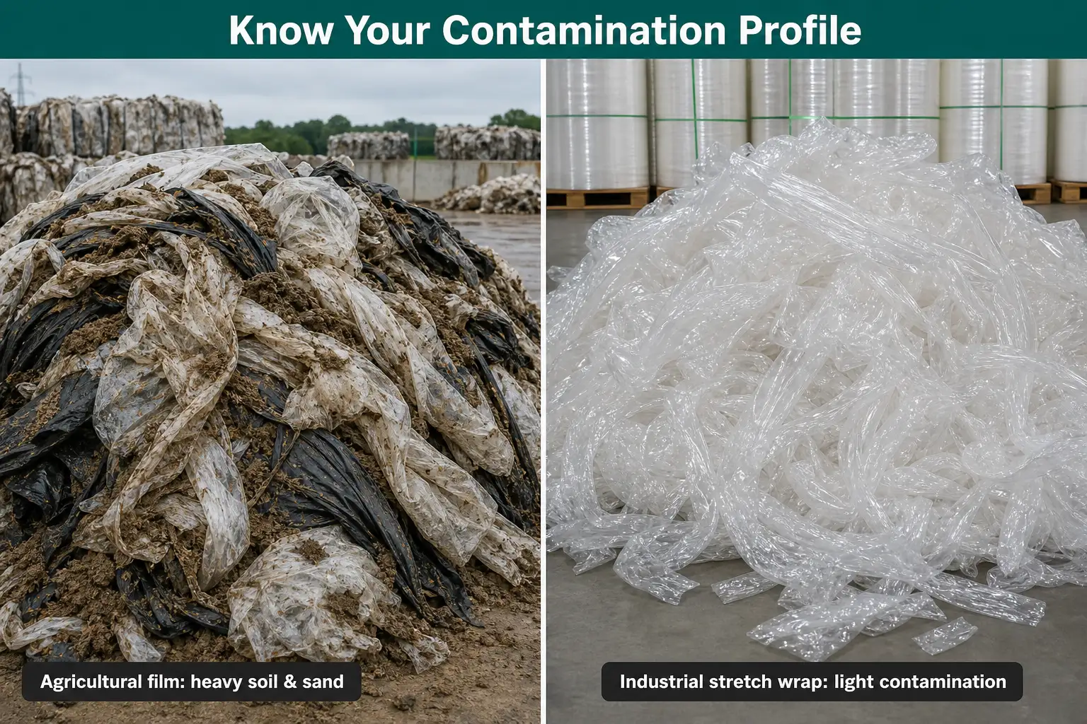 Heavily contaminated agricultural mulch film with soil compared with clean industrial stretch wrap film before washing