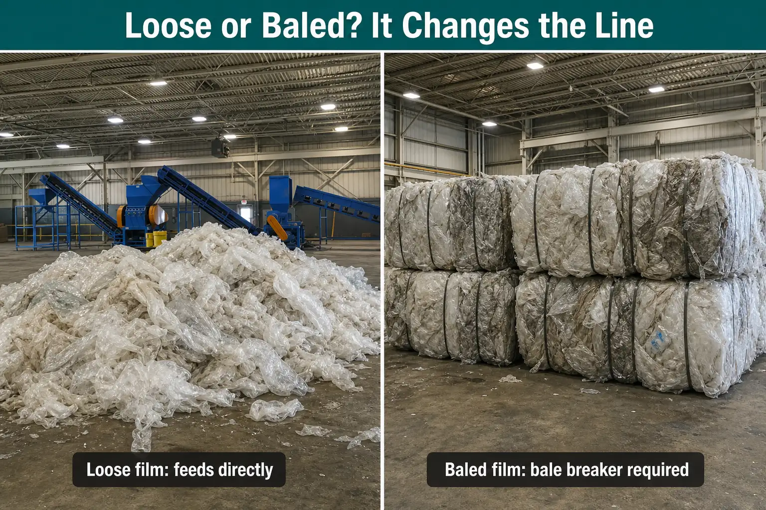 Loose plastic film pile compared with compressed film bales as washing line feedstock
