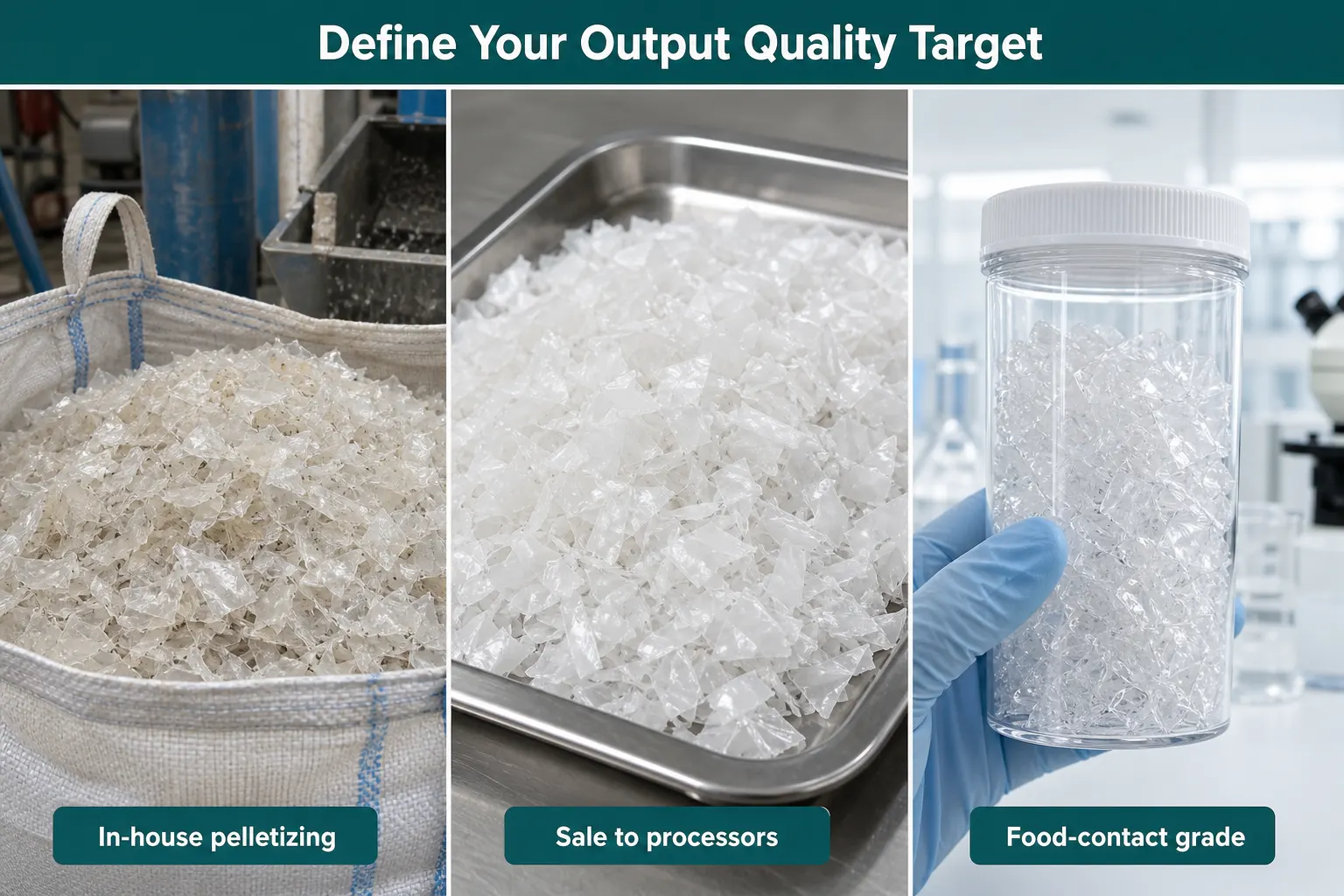 Washed film flake quality tiers for in-house pelletizing sale to processors and food contact grade