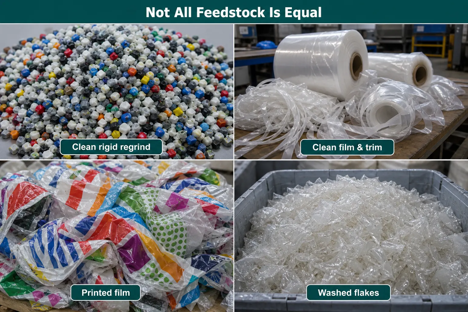 Recycled plastic feedstock types for pelletizing including clean regrind clean film printed film and washed flakes