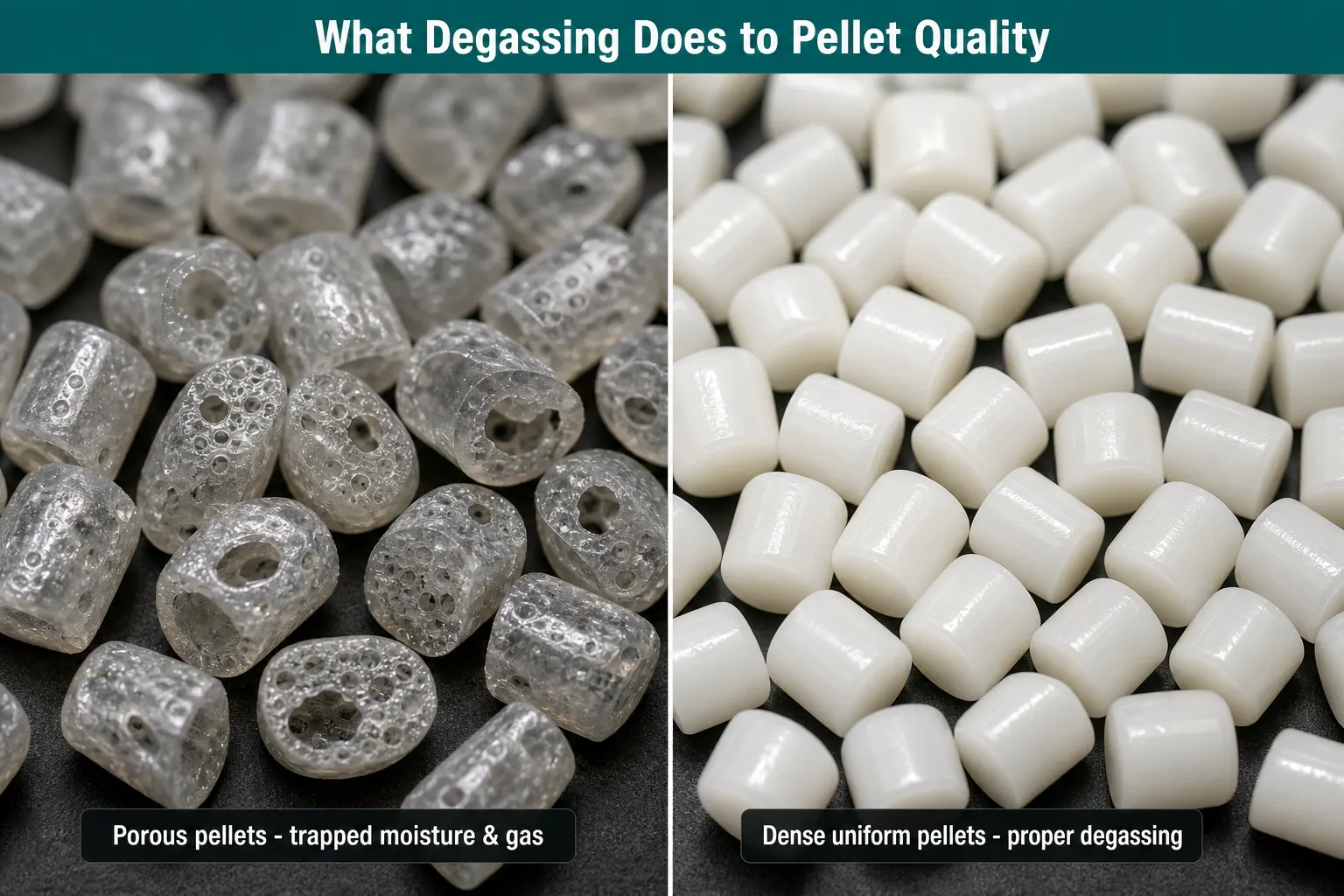 Porous recycled plastic pellets with bubbles compared with dense uniform pellets from proper degassing